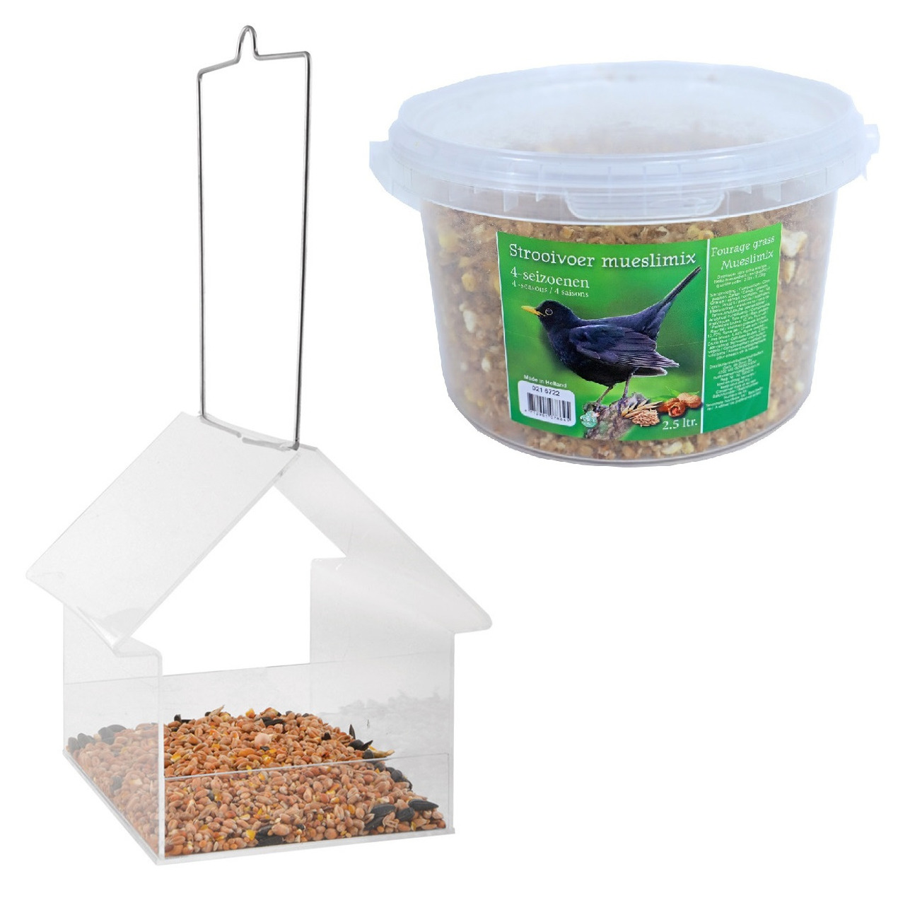 Vogelhuisje-voedertafel transparant kunststof 15 cm inclusief 4-seizoenen mueslimix vogelvoer
