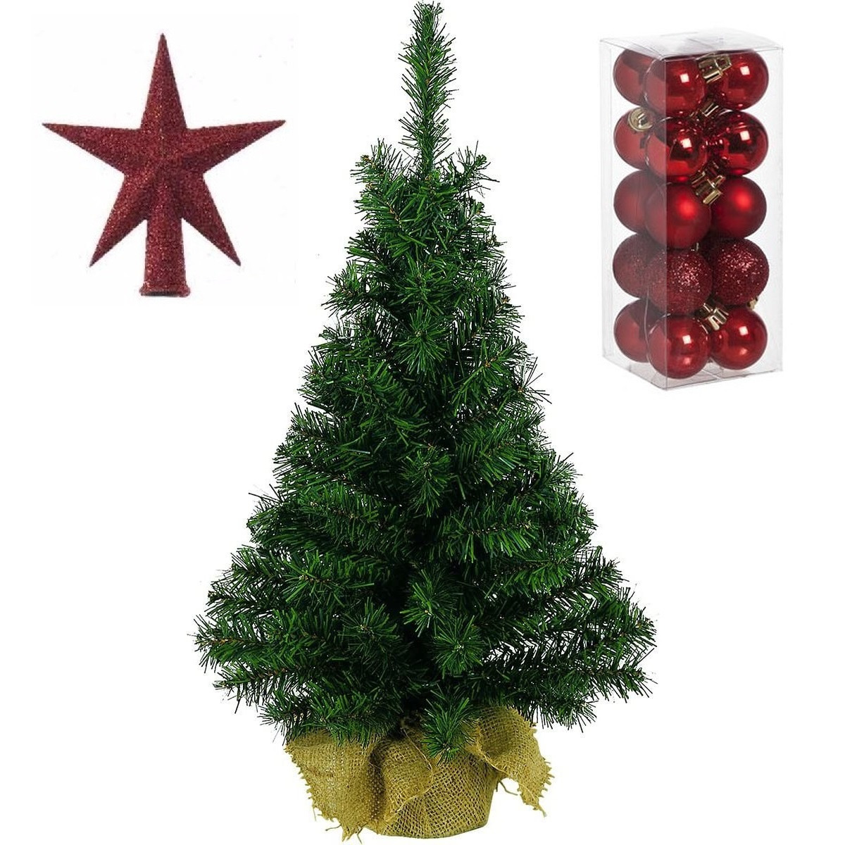 Volle kunst kerstboom 35 cm in jute zak inclusief rode versiering 21-delig