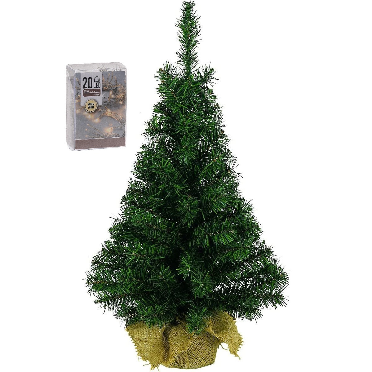 Volle kunst kerstboom 45 cm in jute zak inclusief 20 warm witte lampjes