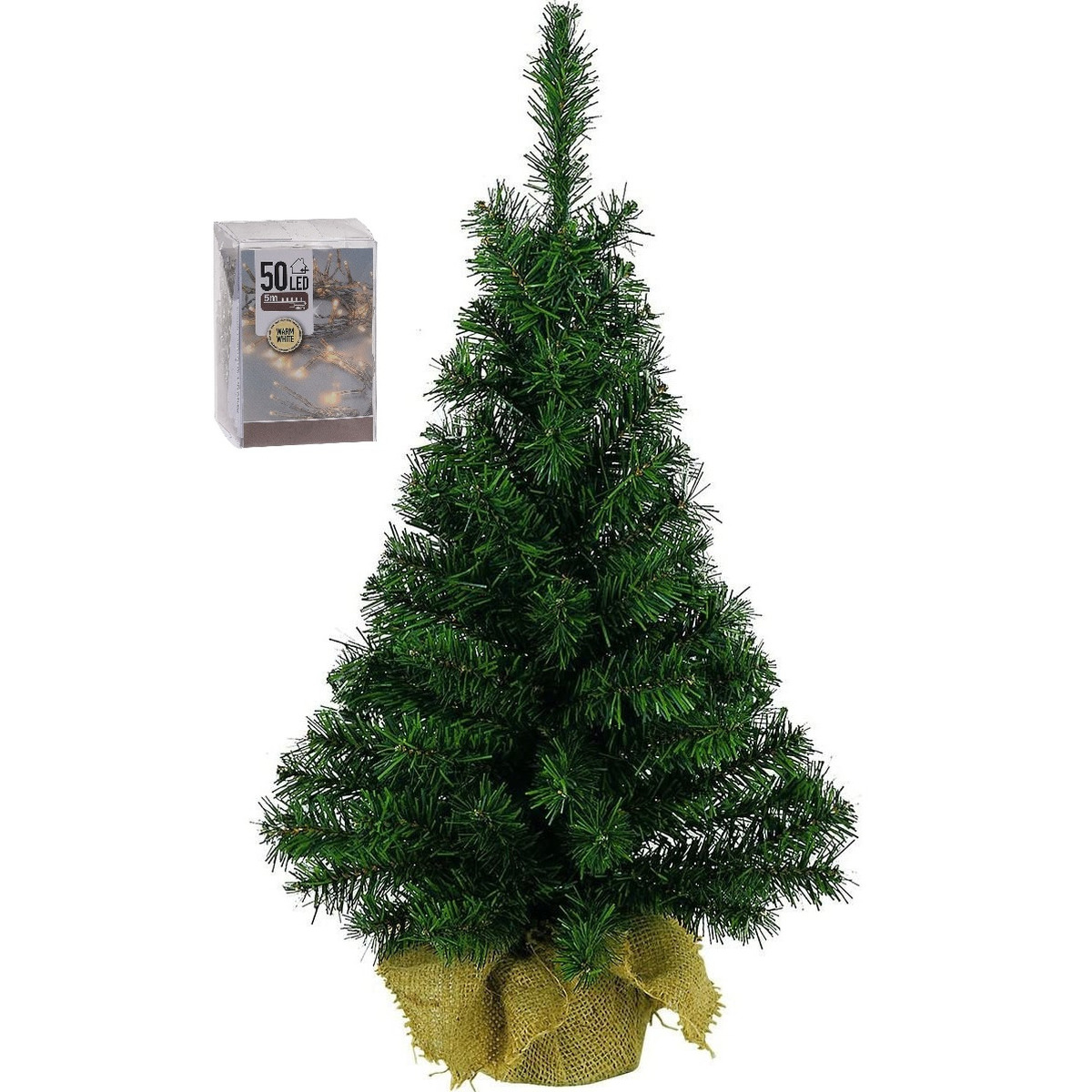Volle kunst kerstboom 75 cm in jute zak inclusief 50 warm witte lampjes