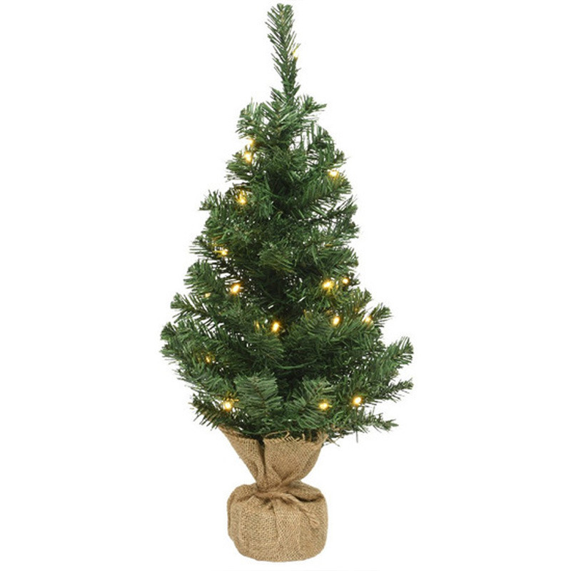 Volle mini kerstbomen groen in jute zak met verlichting 45 cm