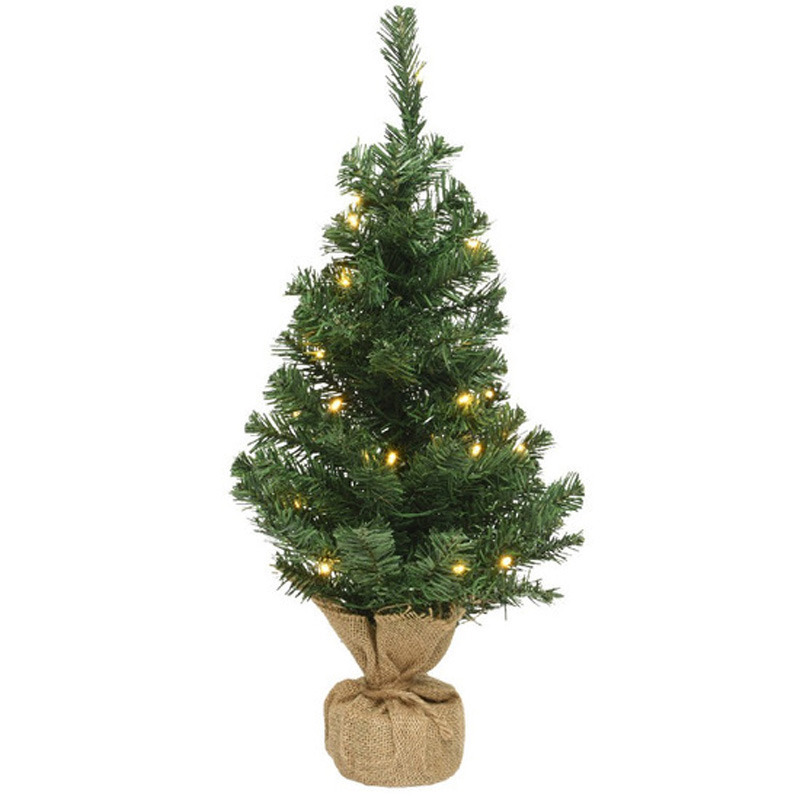 Volle mini kerstbomen groen in jute zak met verlichting 90 cm