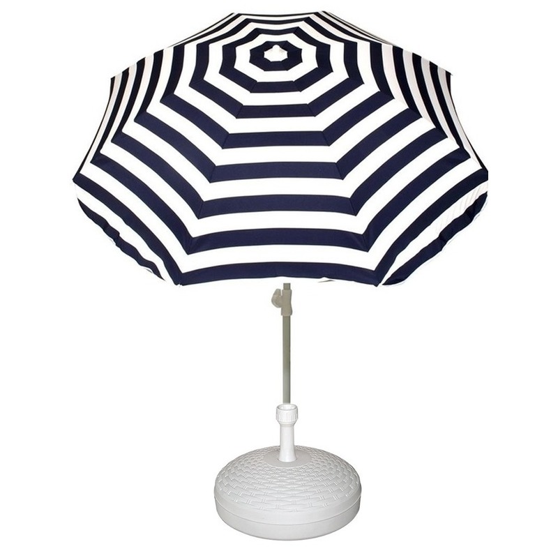 Voordelige set blauw-wit gestreepte parasol en parasolvoet wit
