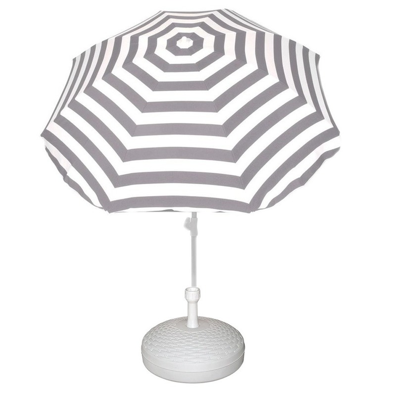Voordelige set grijs-wit gestreepte parasol en parasolvoet wit