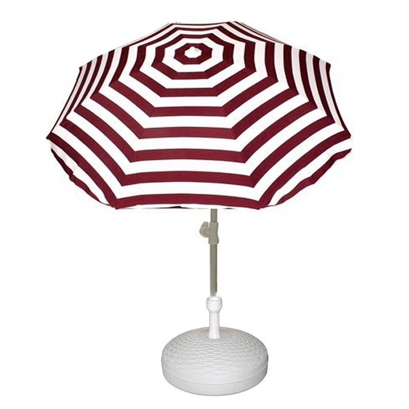 Voordelige set rood-wit gestreepte parasol en parasolvoet wit