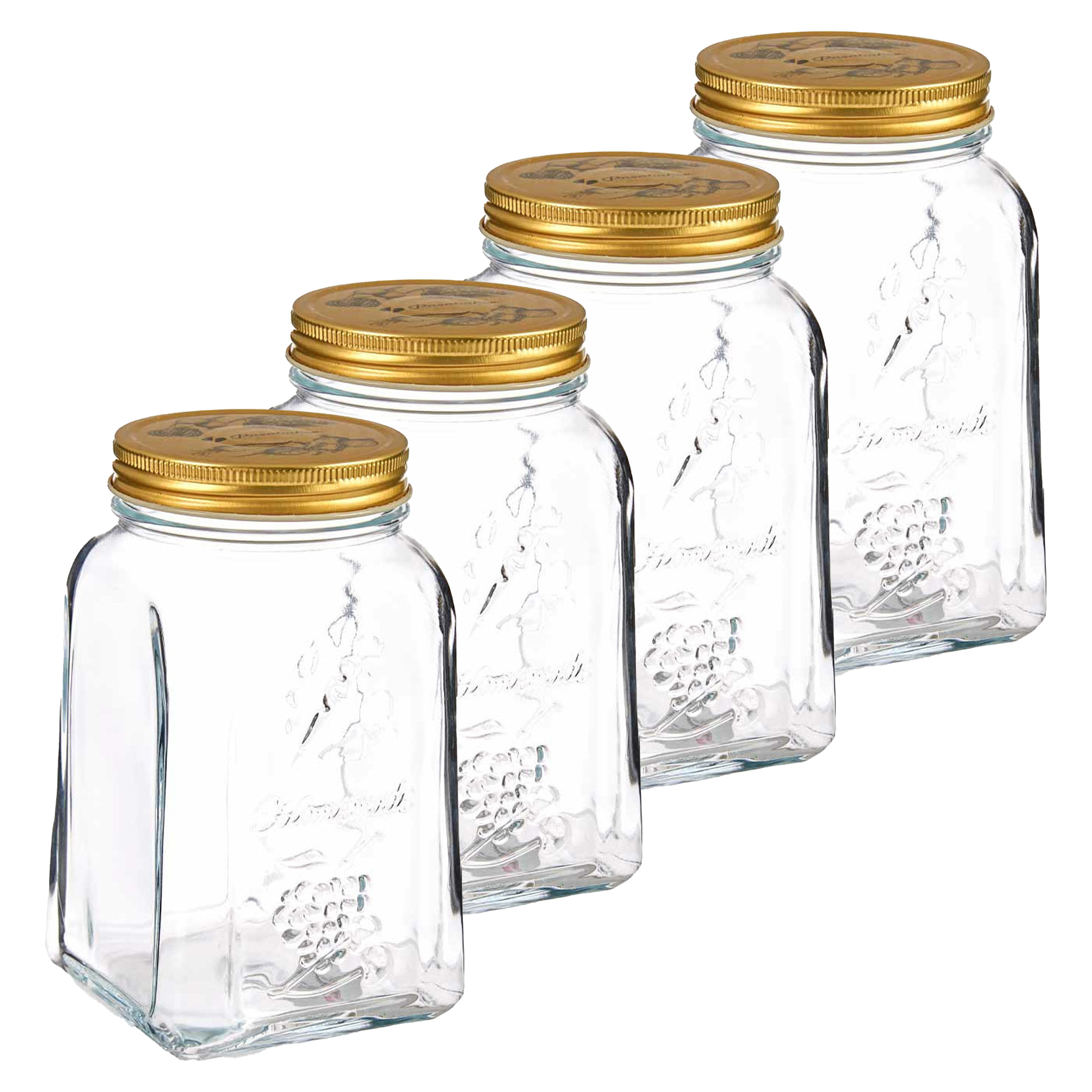 Voorraadpot-bewaarpot Square 4x glas 1L transparant-goud D10 x H17 cm voedsel bewaren