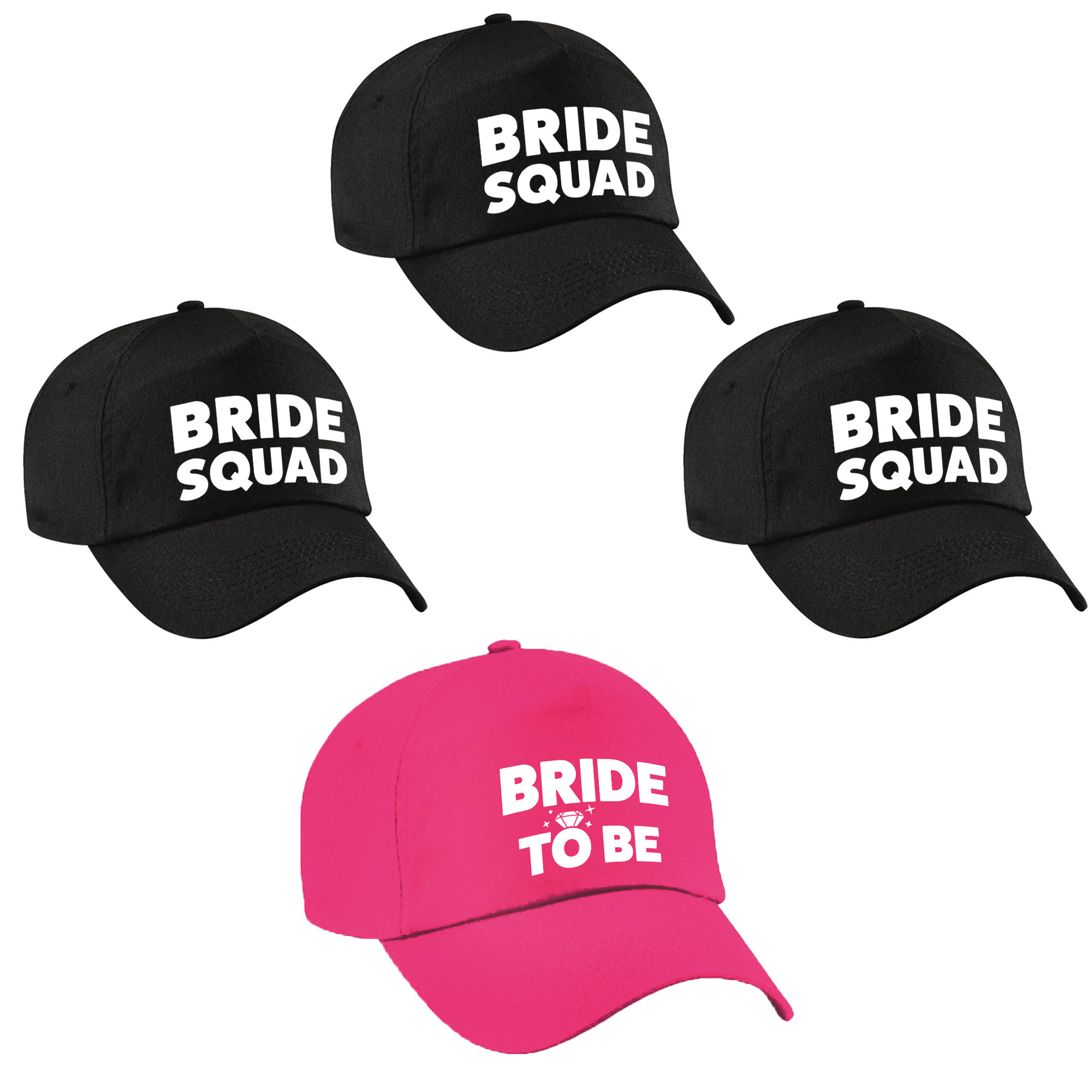 Vrijgezellenfeest dames petjes pakket - 1x Bride to Be roze + 7x Bride Squad zwart