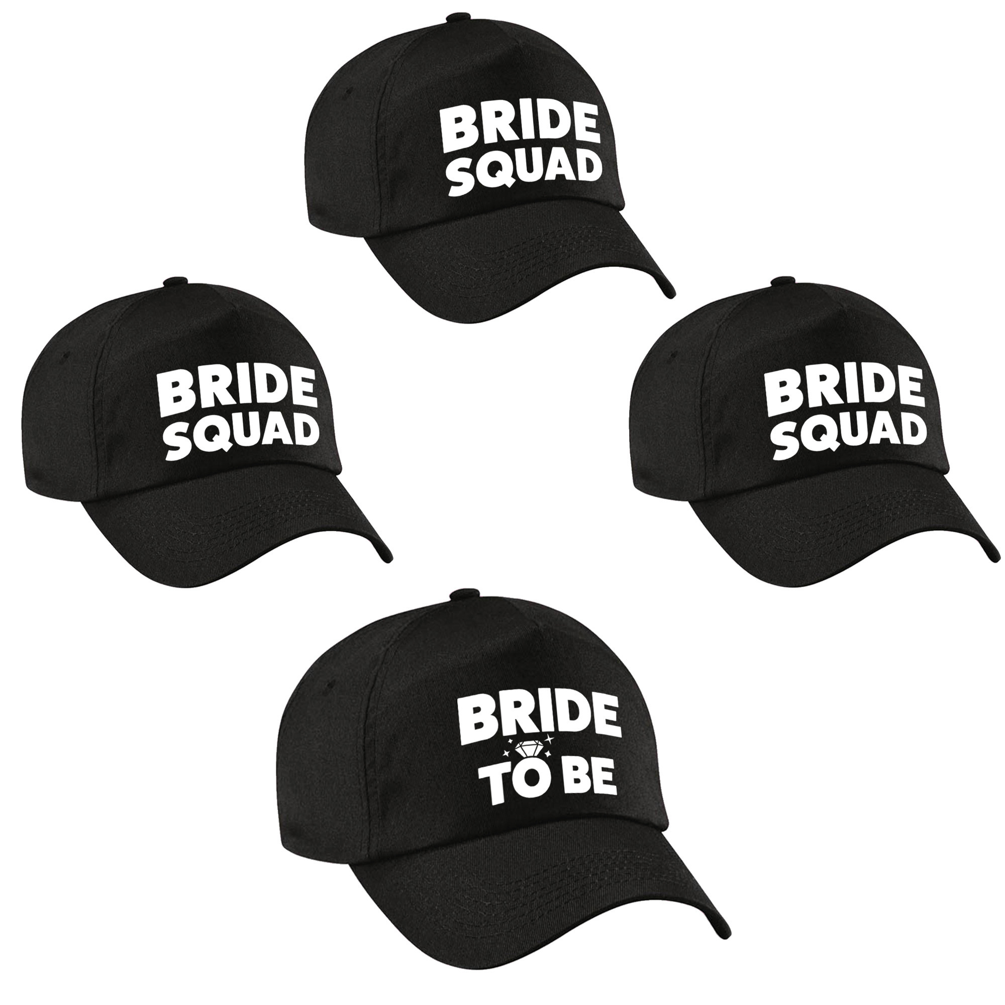 Vrijgezellenfeest dames petjes pakket - 1x Bride to Be zwart + 7x Bride Squad zwart
