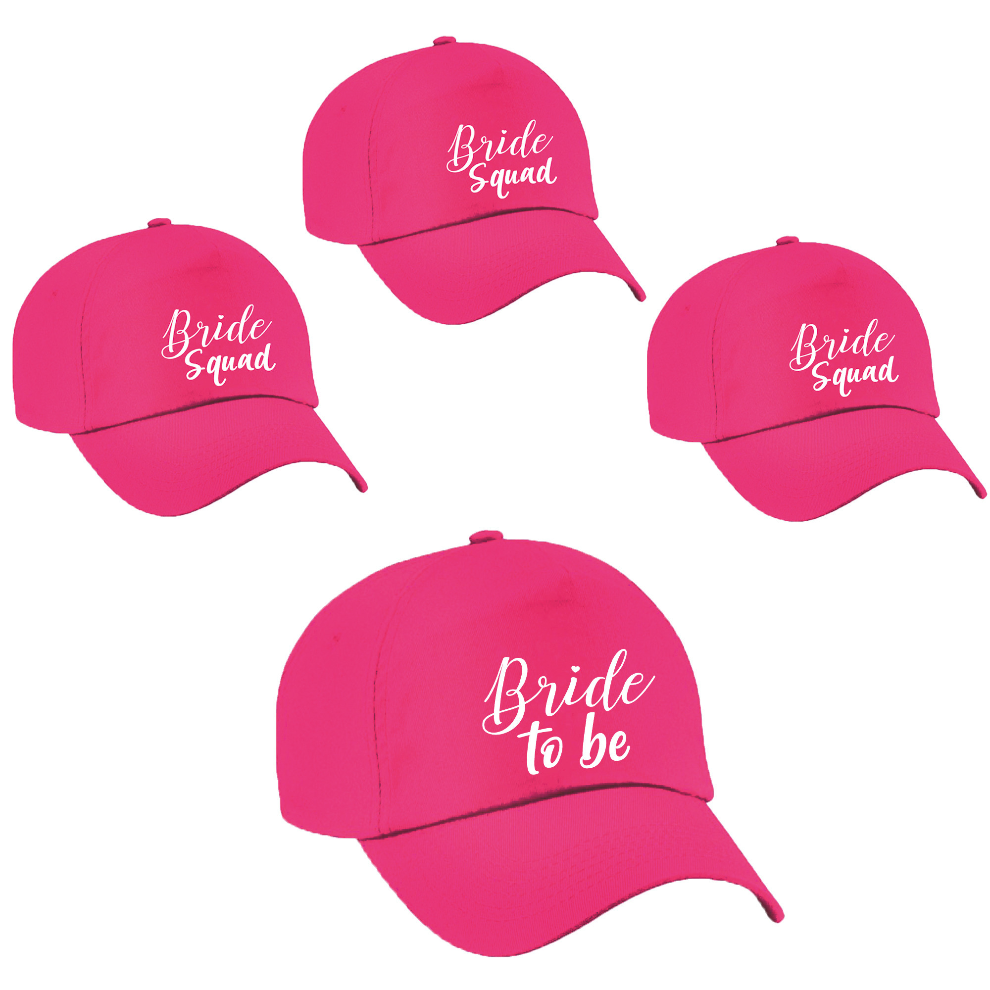 Vrijgezellenfeest dames petjes pakket sierlijk - 1x Bride to Be roze + 7x Bride Squad roze