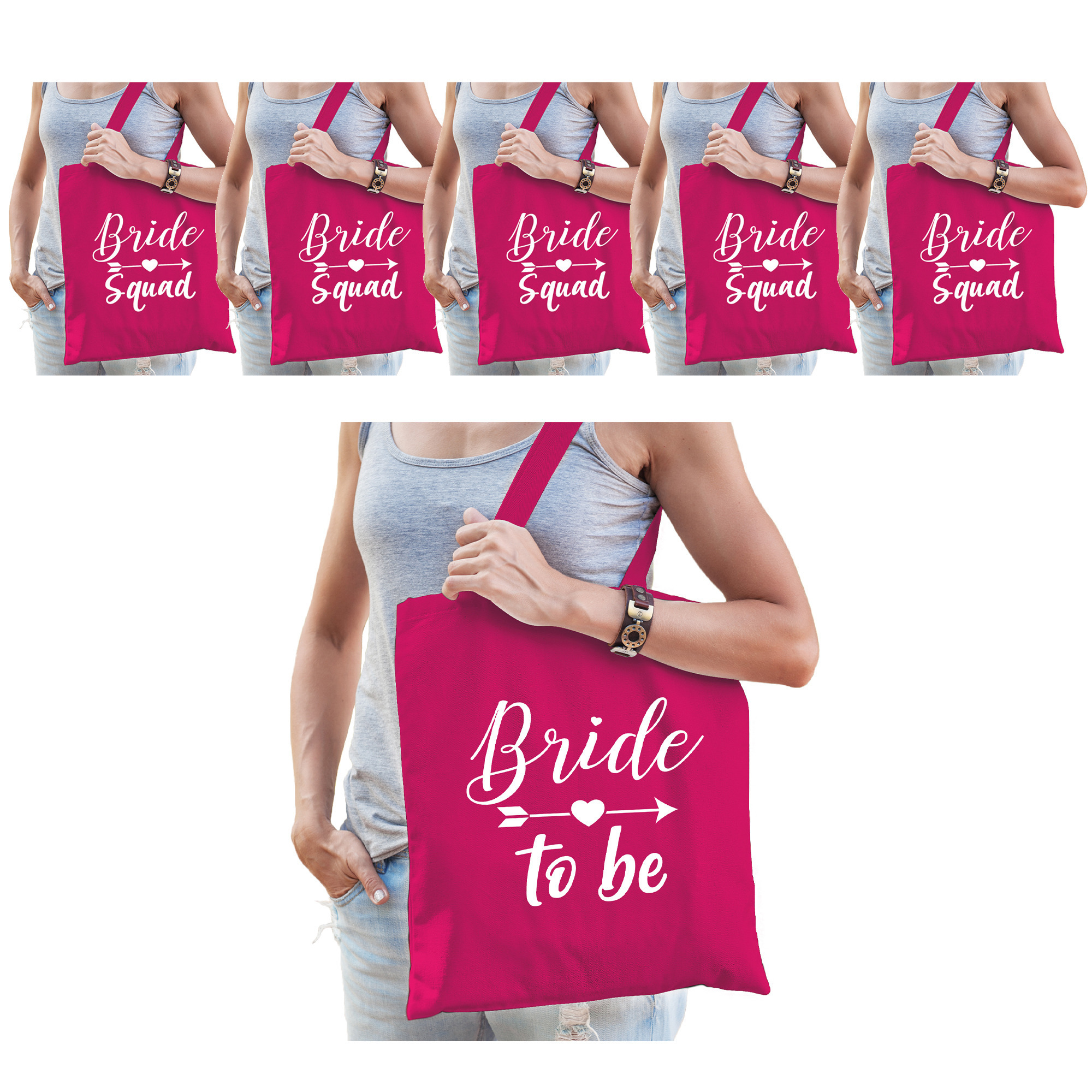 Vrijgezellenfeest dames tasjes/ goodiebag pakket: 1x Bride to Be roze+ 9x Bride Squad roze