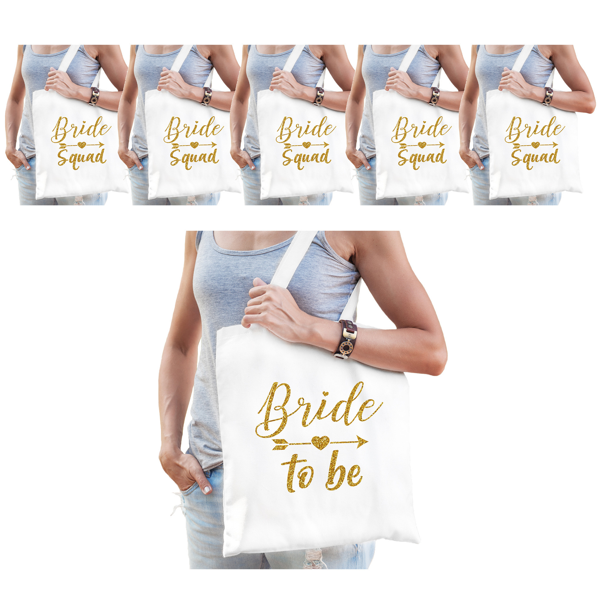 Vrijgezellenfeest dames tasjes/ goodiebag pakket: 1x Bride to Be wit+ 7x Bride Squad wit