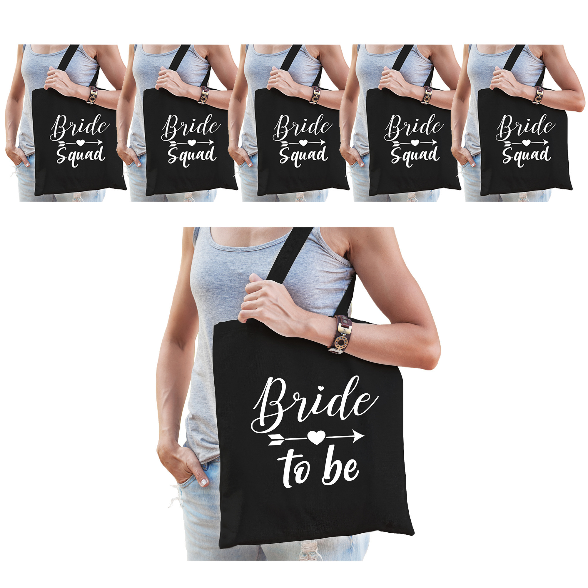 Vrijgezellenfeest dames tasjes/ goodiebag pakket: 1x Bride to Be zwart+ 7x Bride Squad zwart