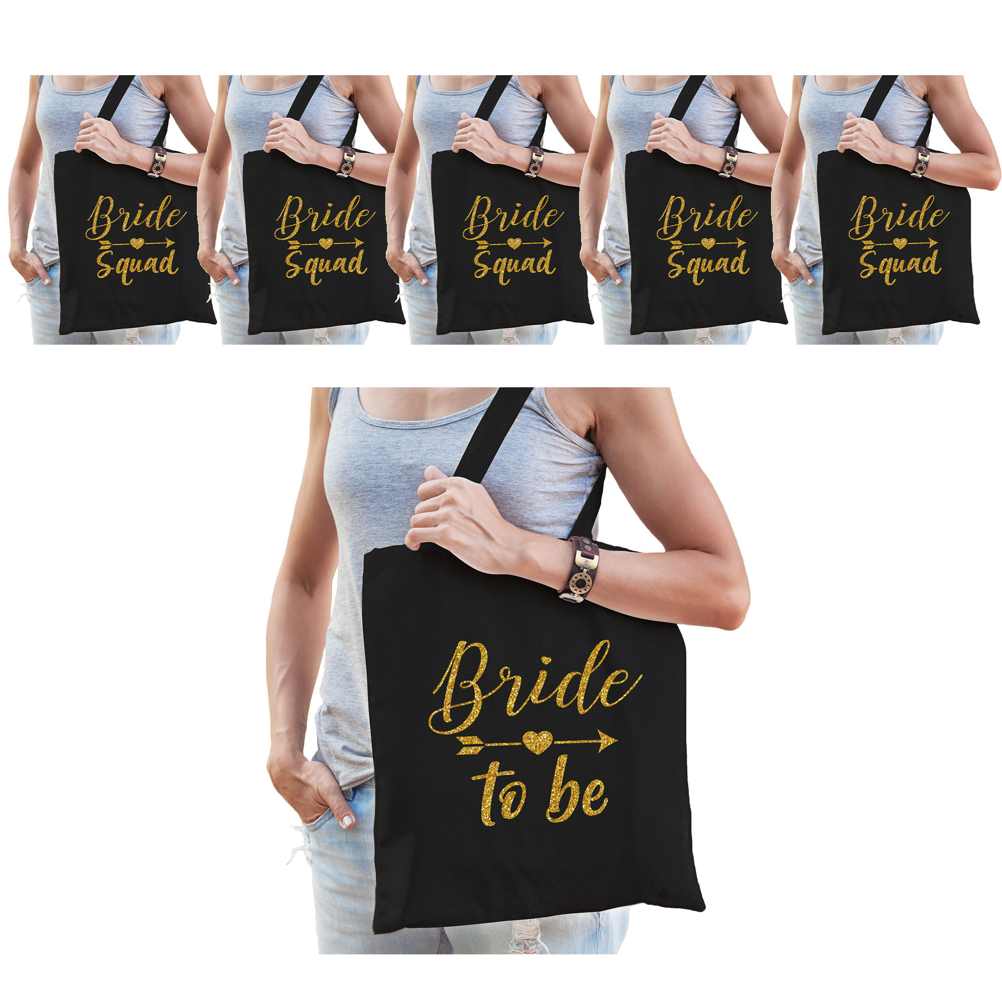 Vrijgezellenfeest dames tasjes/ goodiebag pakket: 1x Bride to Be zwart goud+ 9x Bride Squad zwart go