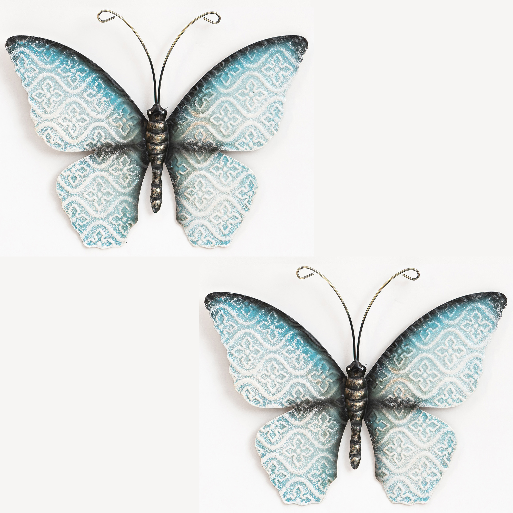 Wanddecoratie vlinder 2x blauw 30 x 21 cm metaal muurdecoratie