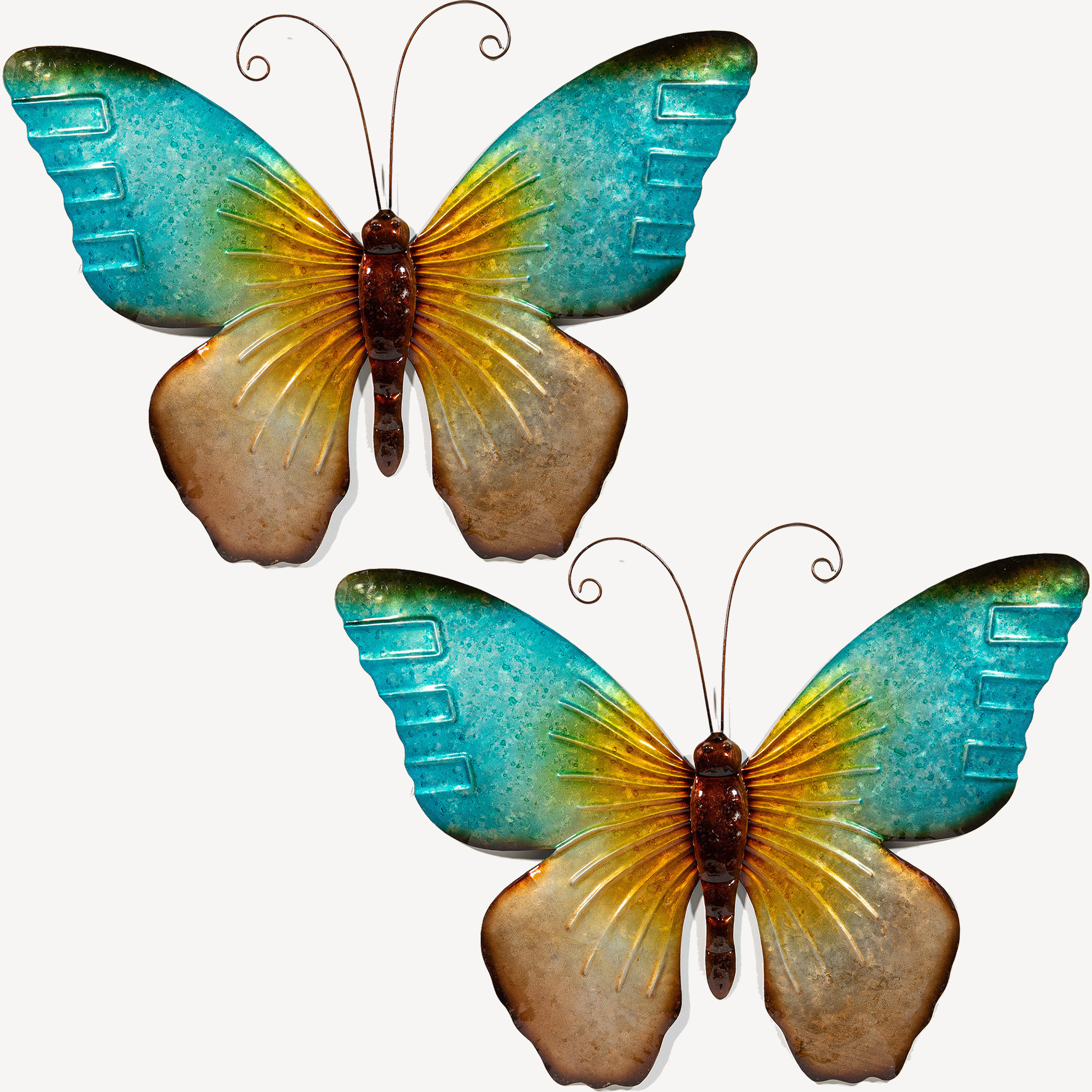 Wanddecoratie vlinder 2x blauw 32 x 24 cm metaal muurdecoratie