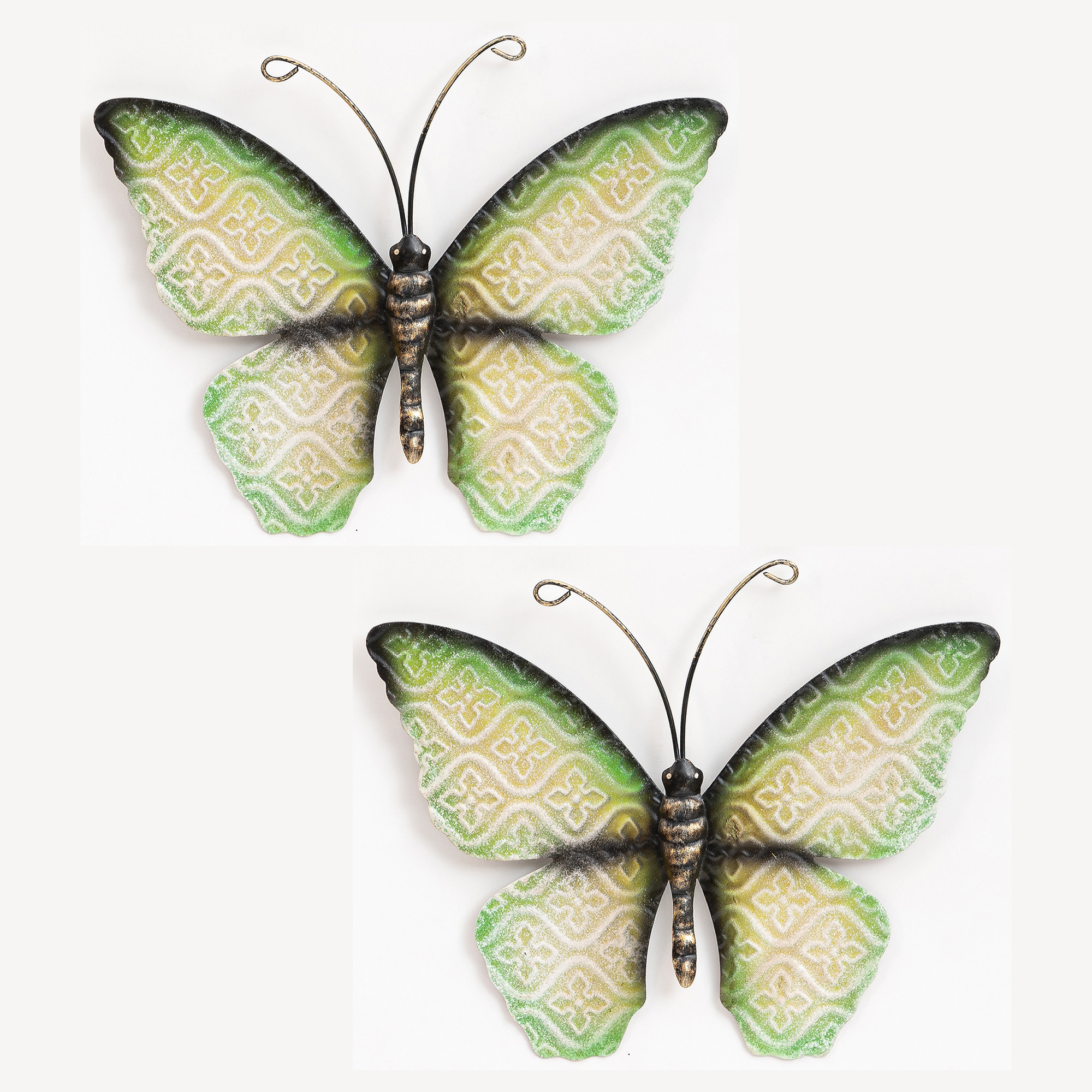 Wanddecoratie vlinder 2x groen 20 x 14 cm metaal muurdecoratie