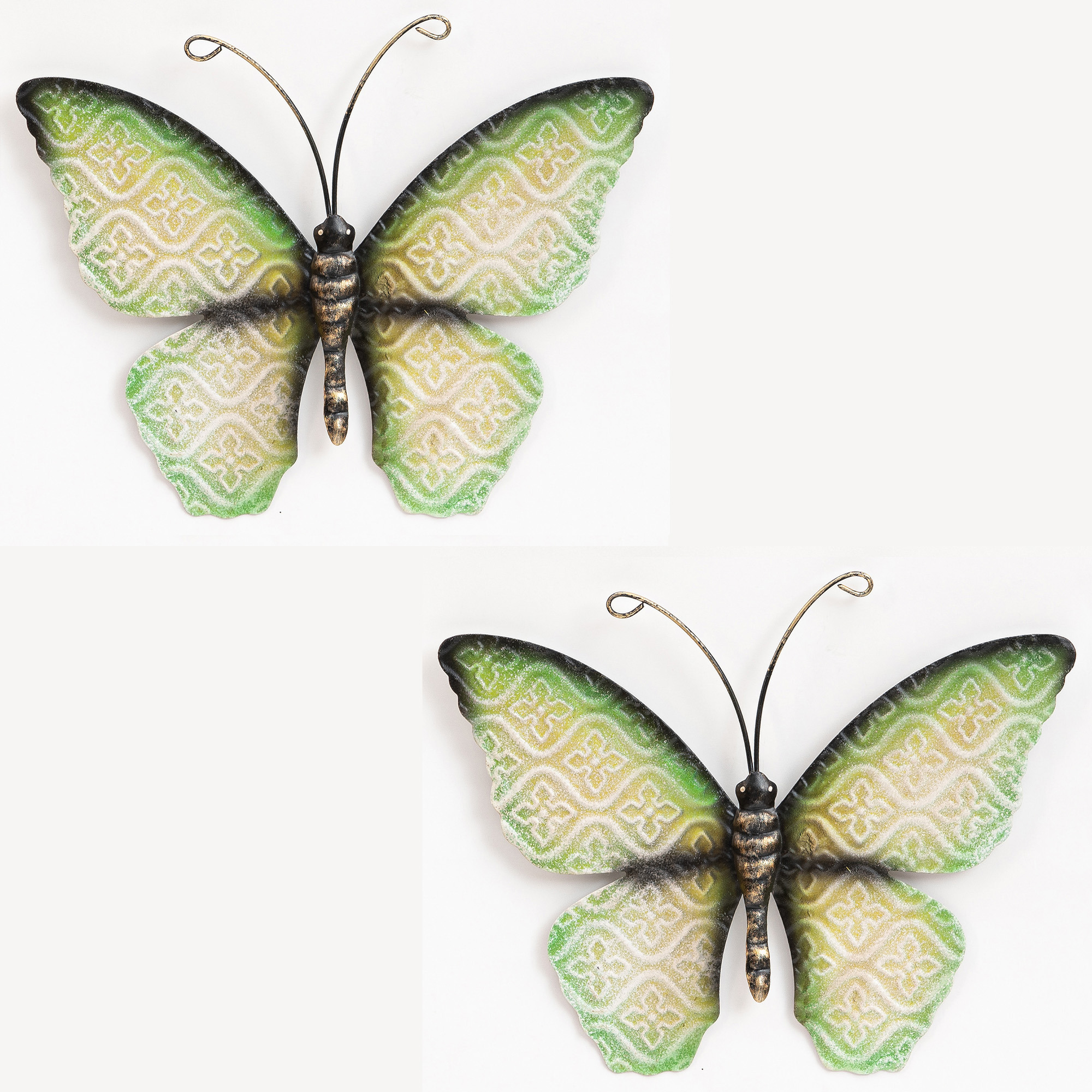 Wanddecoratie vlinder 2x groen 30 x 21 cm metaal muurdecoratie