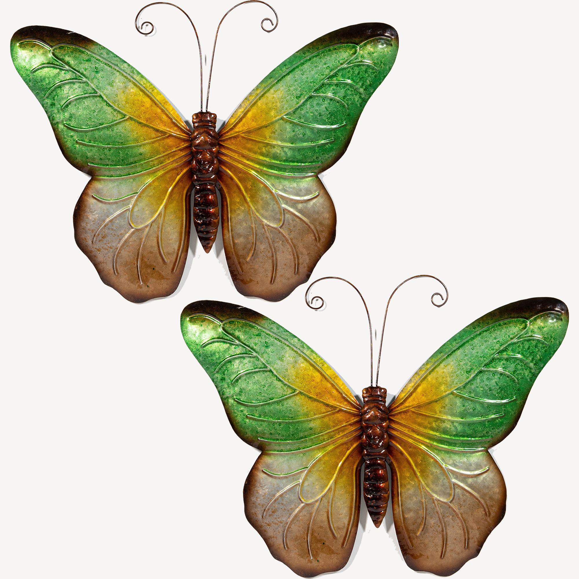 Wanddecoratie vlinder 2x groen 32 x 24 cm metaal muurdecoratie