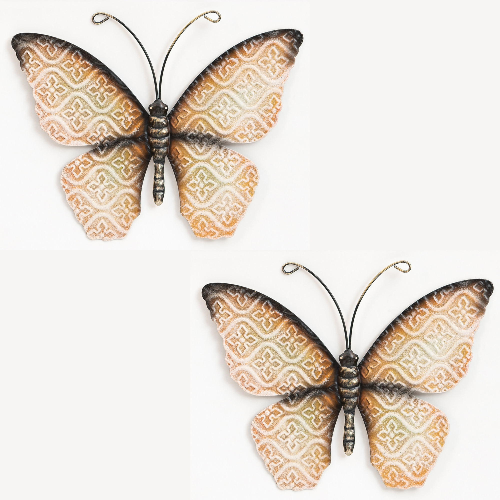Wanddecoratie vlinder 2x oranje 30 x 21 cm metaal muurdecoratie