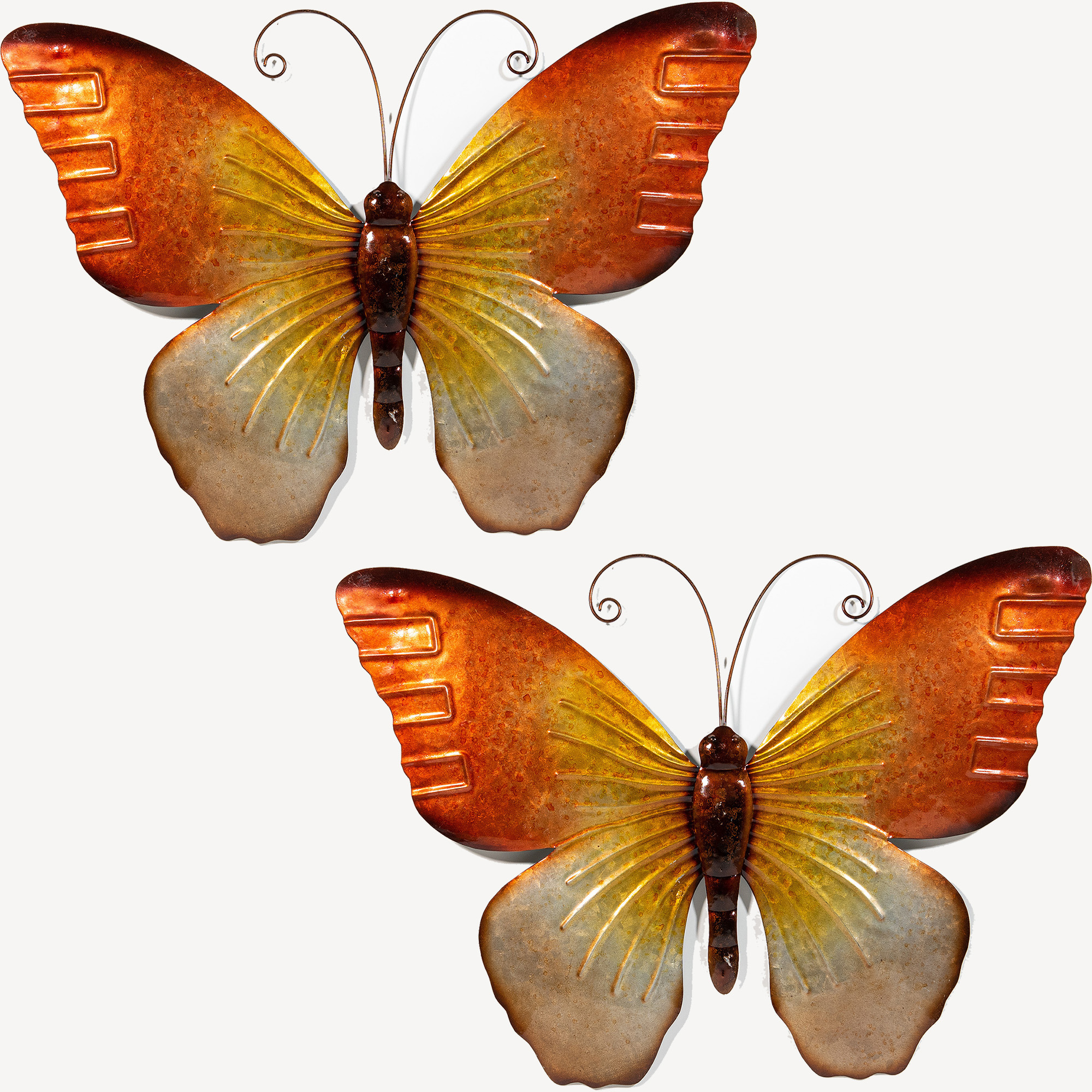 Wanddecoratie vlinder 2x oranje 32 x 24 cm metaal muurdecoratie
