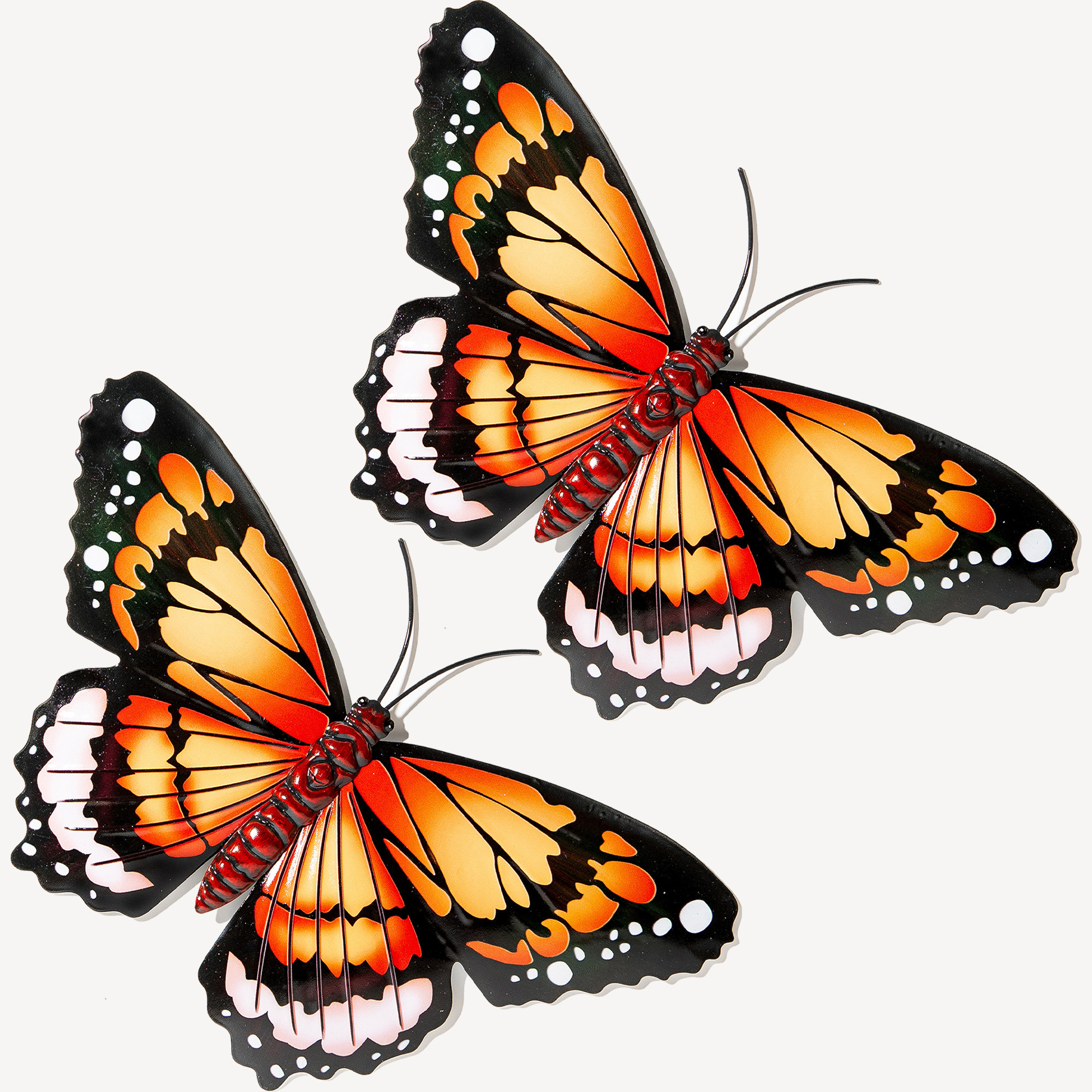 Wanddecoratie vlinder 2x oranje 34 x 21 cm metaal muurdecoratie