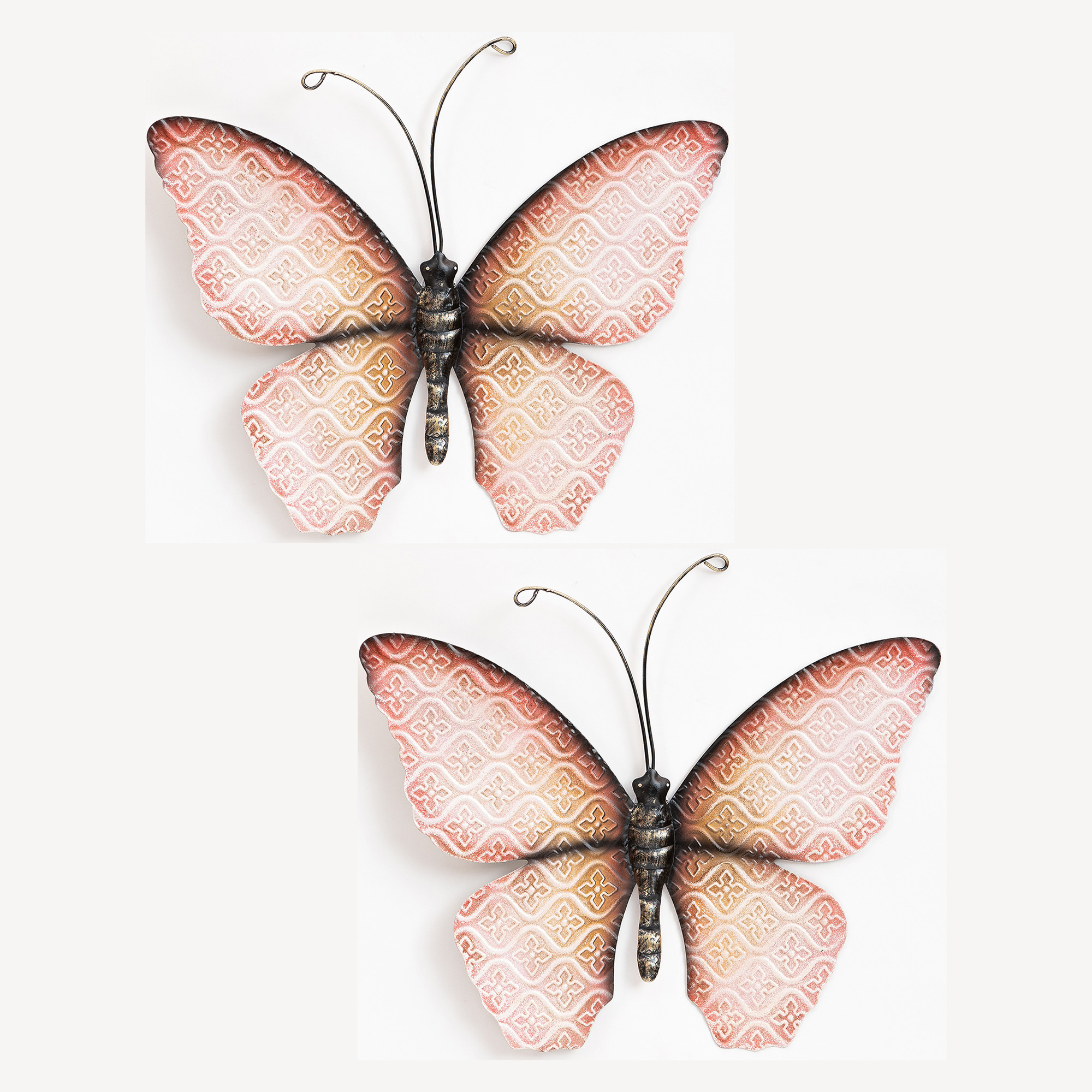 Wanddecoratie vlinder 2x roze 20 x 14 cm metaal muurdecoratie