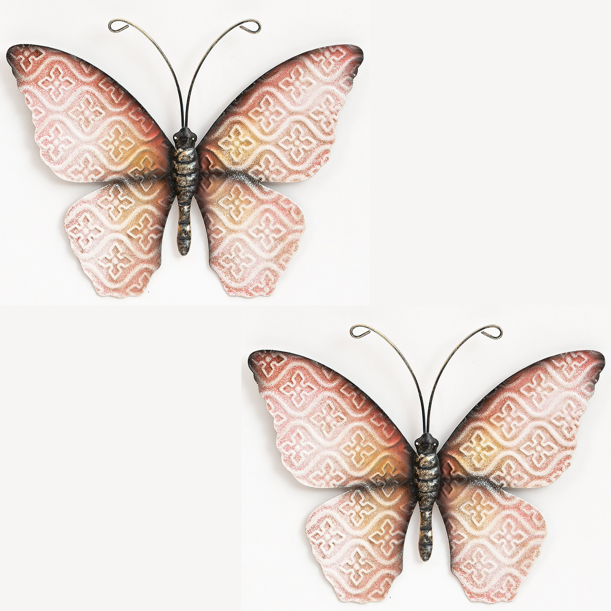 Wanddecoratie vlinder 2x roze 30 x 21 cm metaal muurdecoratie