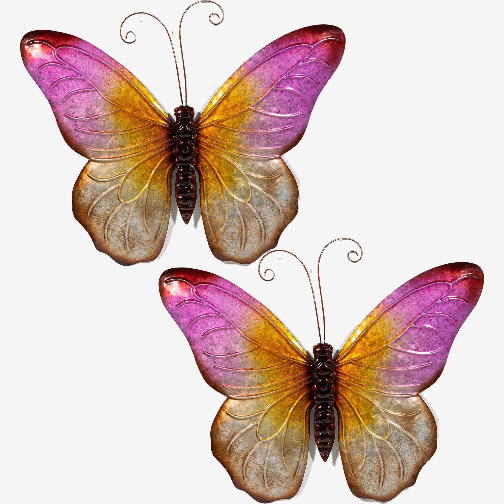 Wanddecoratie vlinder 2x roze 32 x 24 cm metaal muurdecoratie