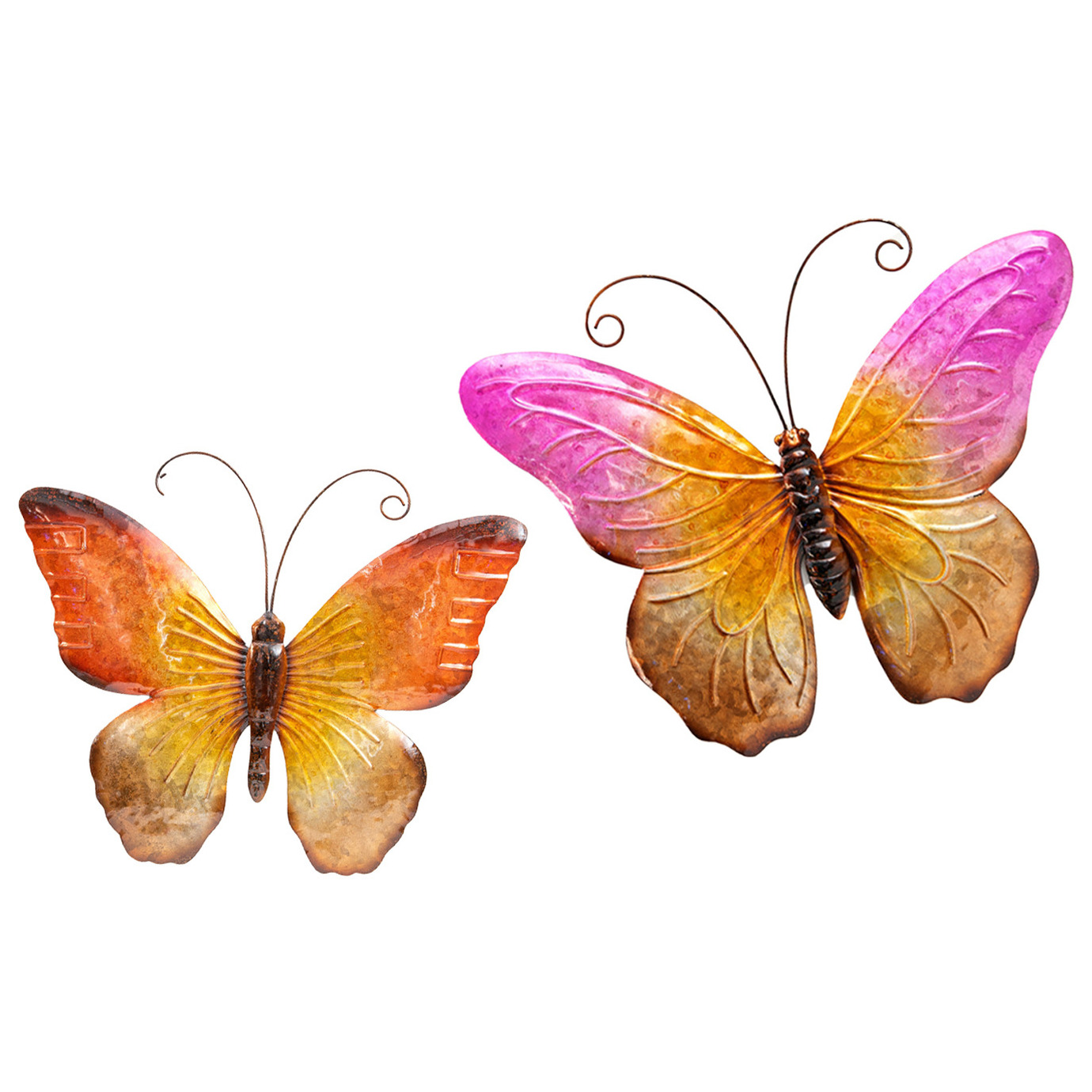 Wanddecoratie vlinders 2x oranje-roze 32 x 24 cm-44 x 32 metaal muurdecoratie-schutting