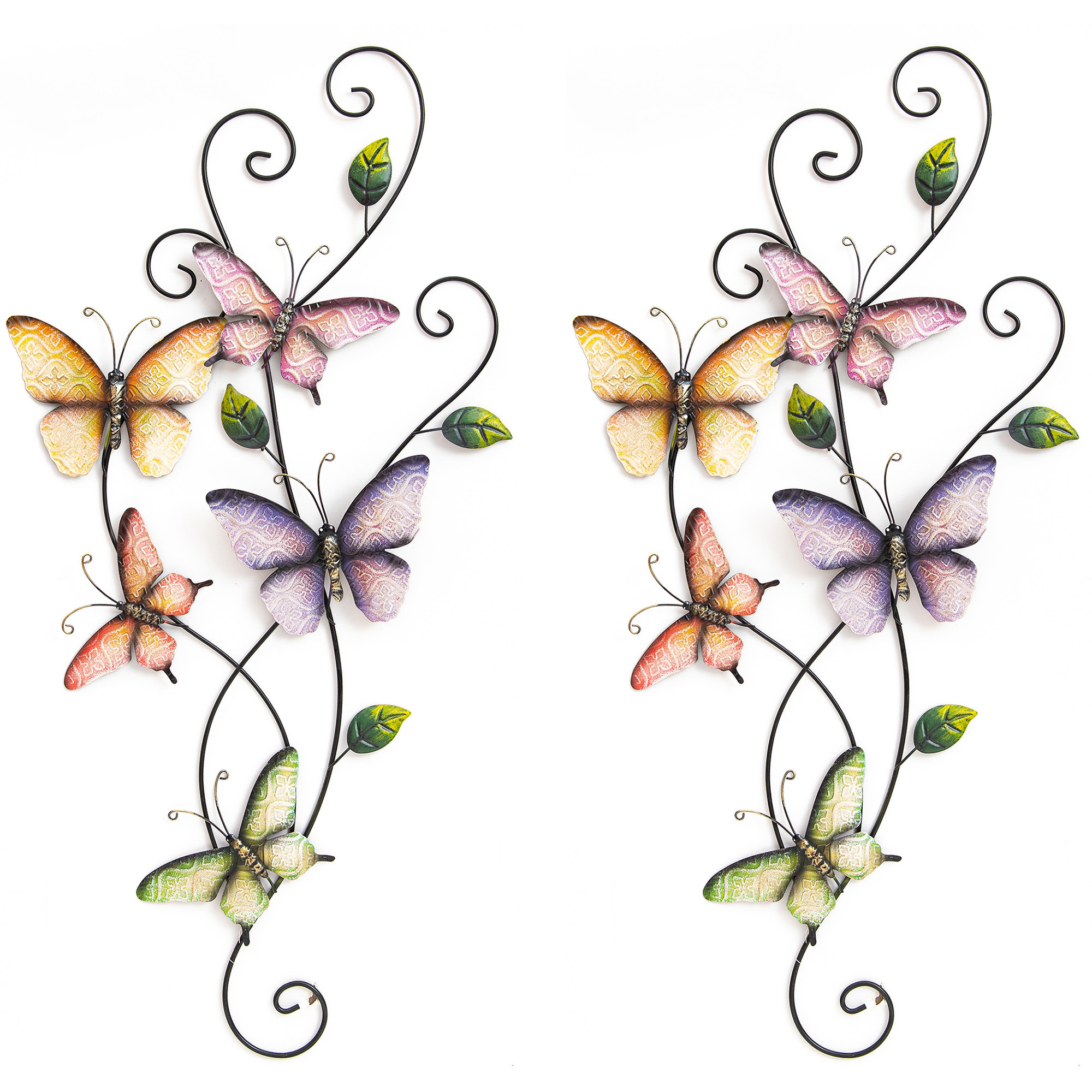 Wanddecoratie vlinders 2x pastel 35 x 68 cm metaal muurdecoratie