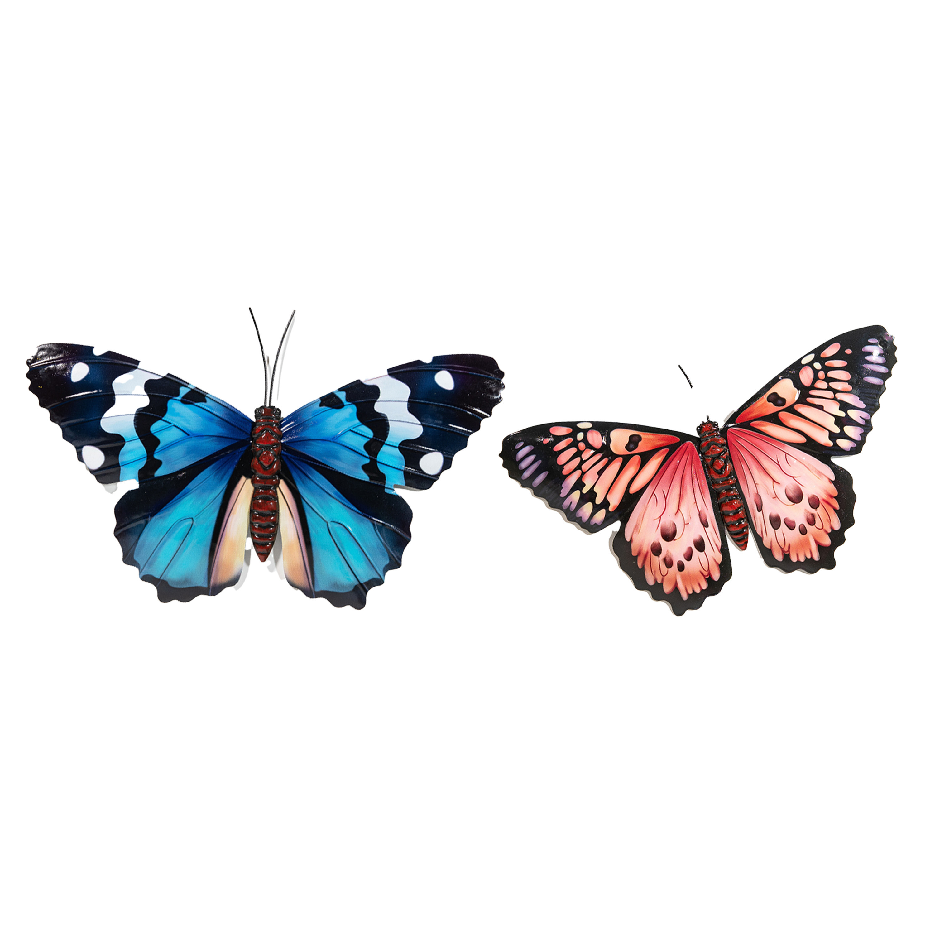 Wanddecoratie vlinders 2x rood-blauw 34 x 21 cm-45 x 28 metaal muurdecoratie-schutting