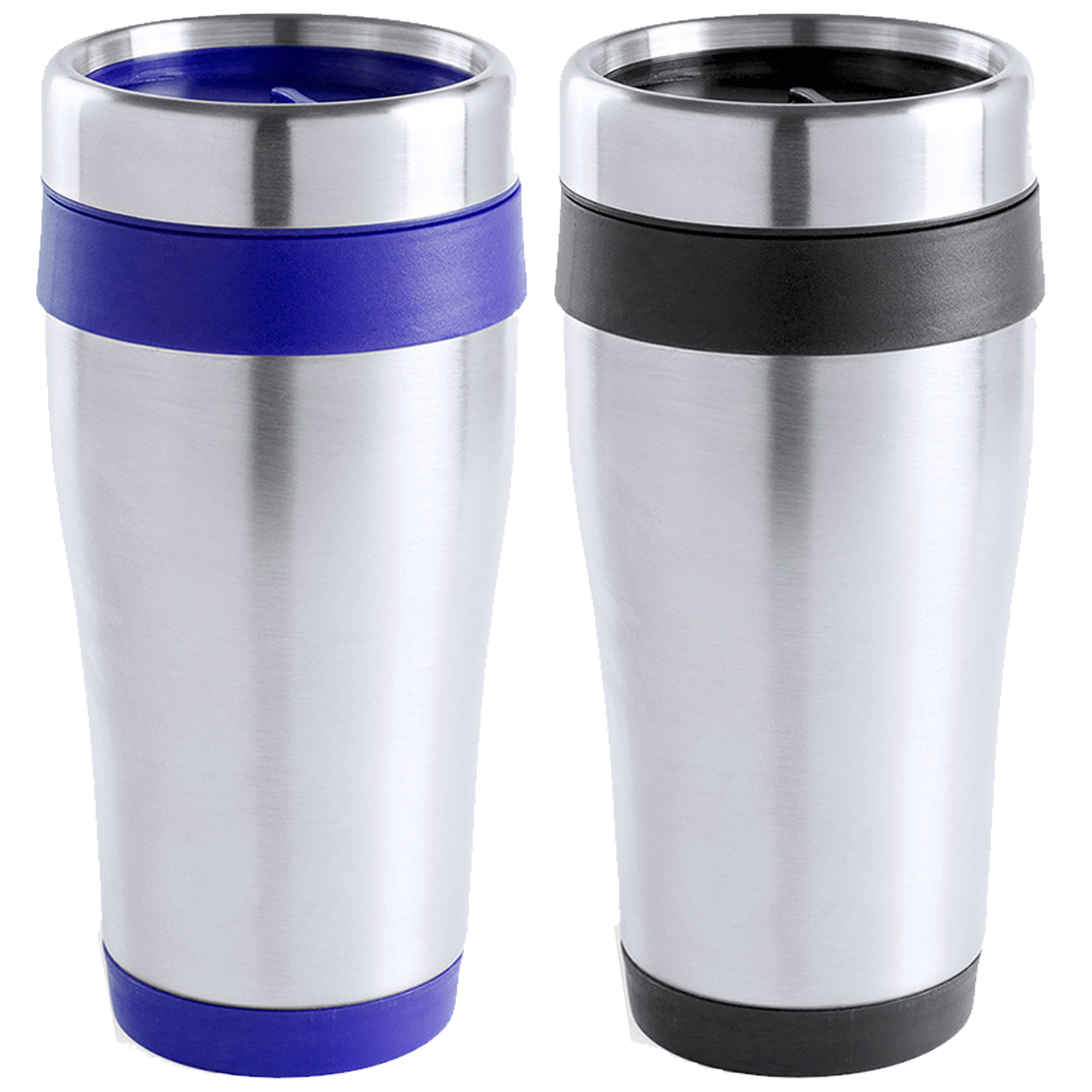 Warmhoudbekers-thermos isoleer koffiebekers-mokken 2x stuks RVS zwart en blauw 450 ml