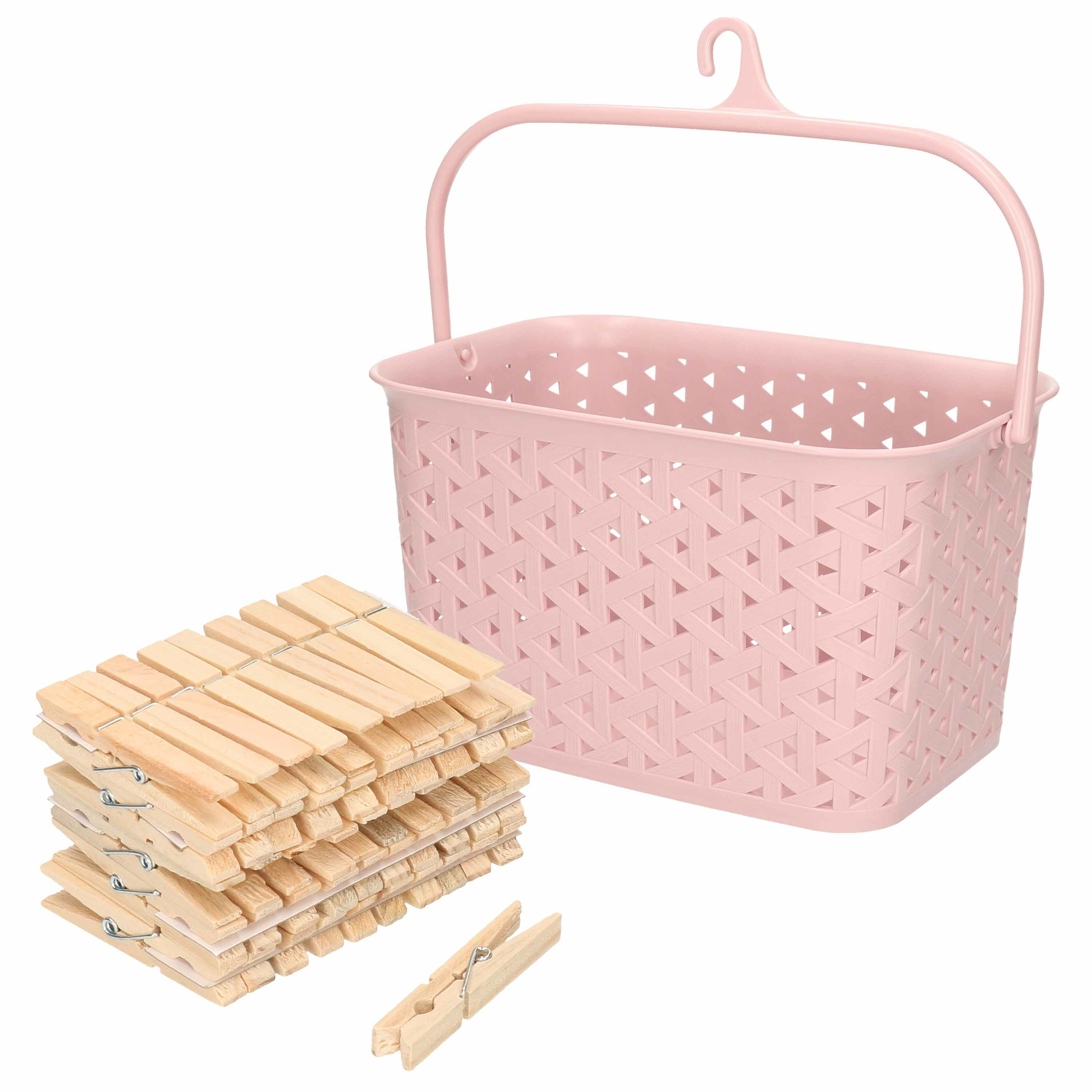 Wasknijpers mandje met ophanghaak roze gevuld met 100x houten wasknijpers van 7 cm