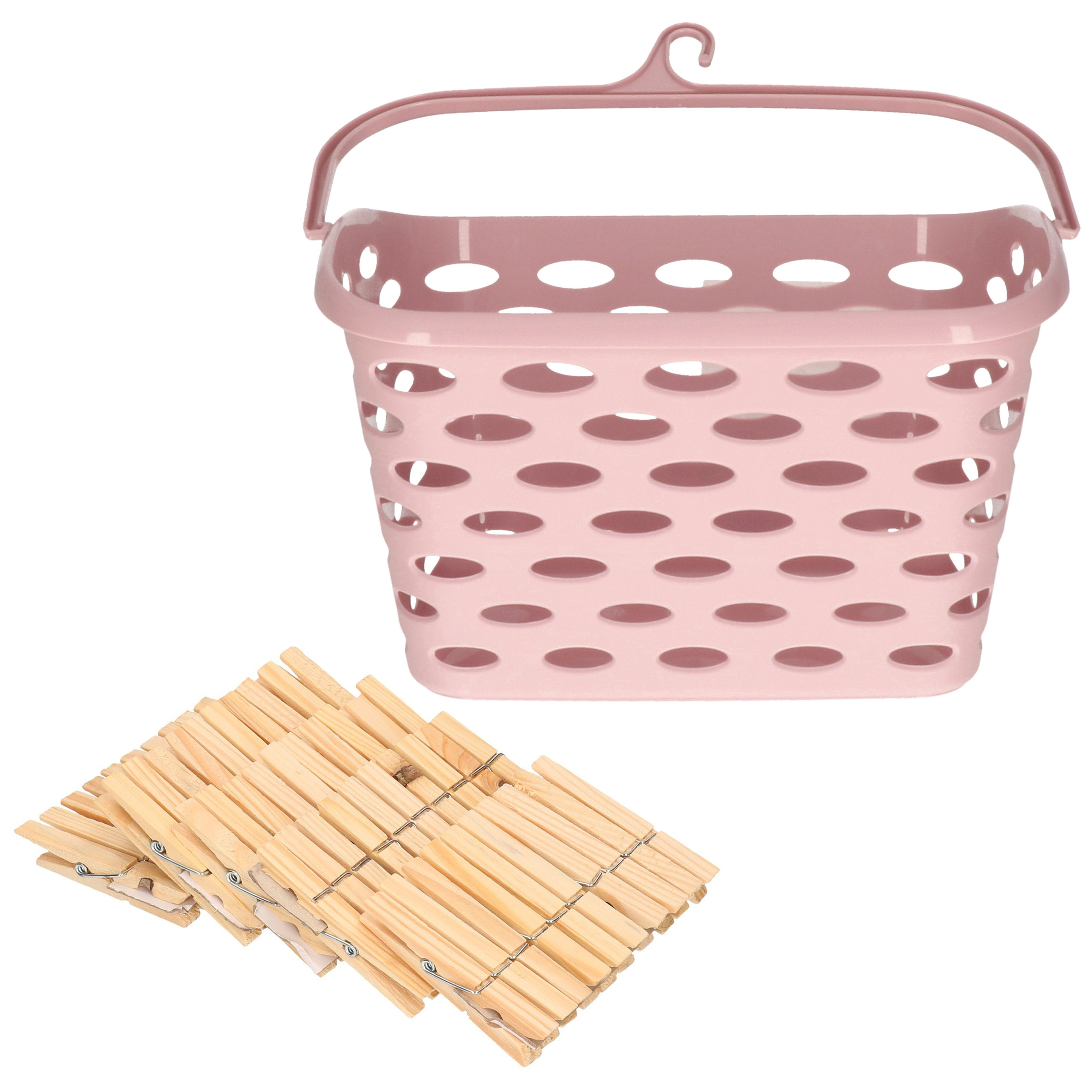 Wasknijpersmandje met haak roze en 100x houten wasknijpers 7 cm