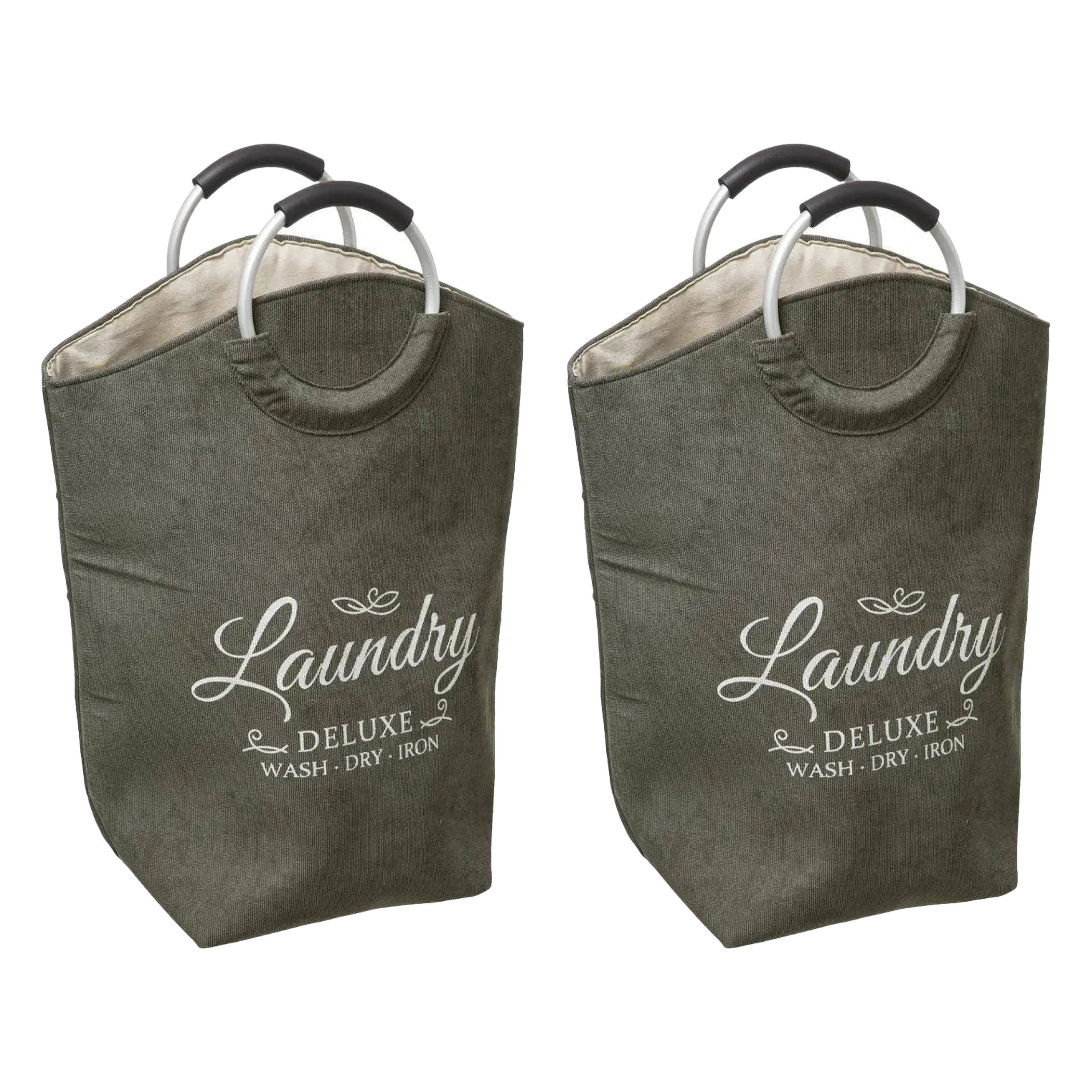 Wasmand XXL wasgoed zak met hengsels 2x olijfgroen 35 liter 52 x 28 x 60 cm