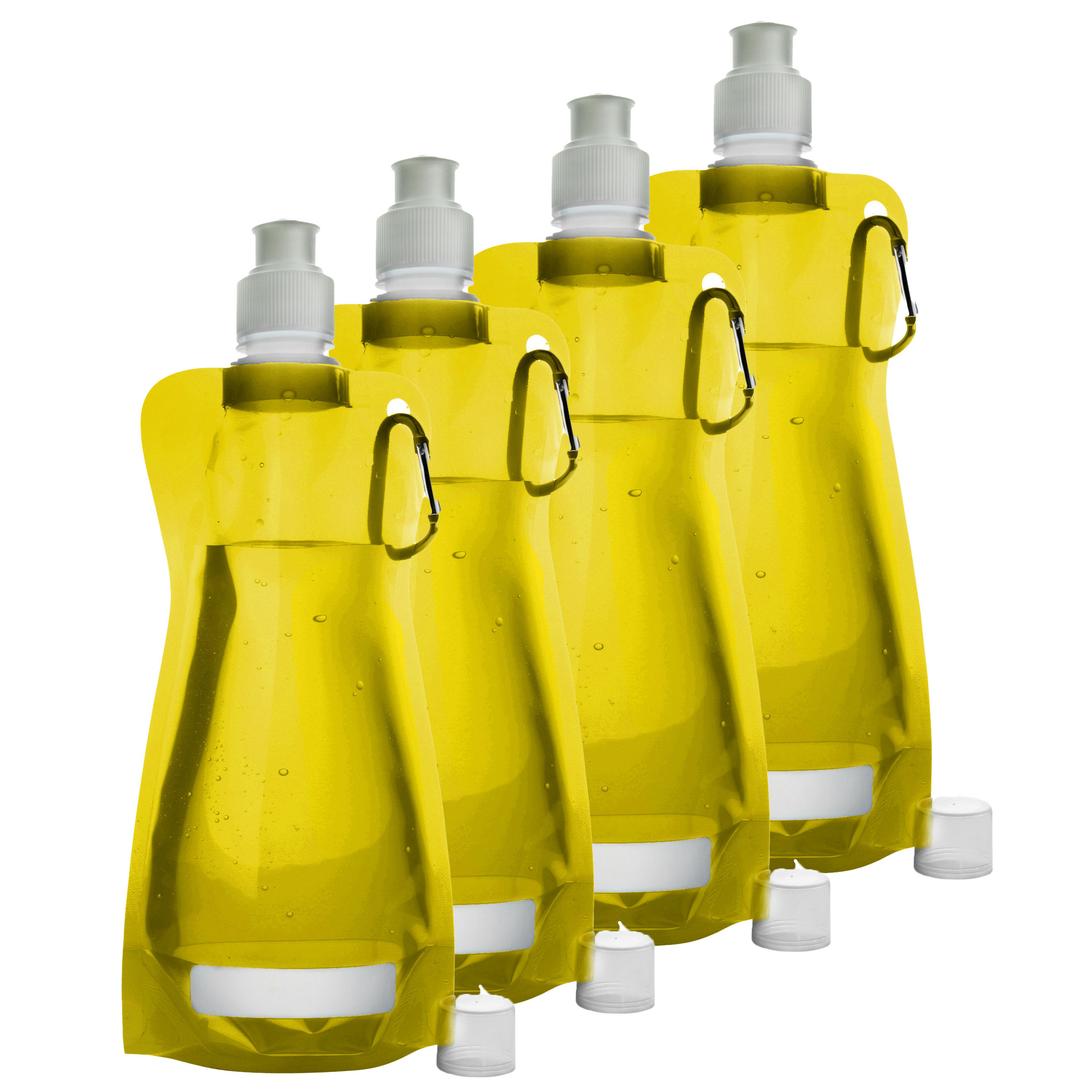 Waterfles-drinkfles opvouwbaar 4x geel kunststof 420 ml schroefdop karabijnhaak