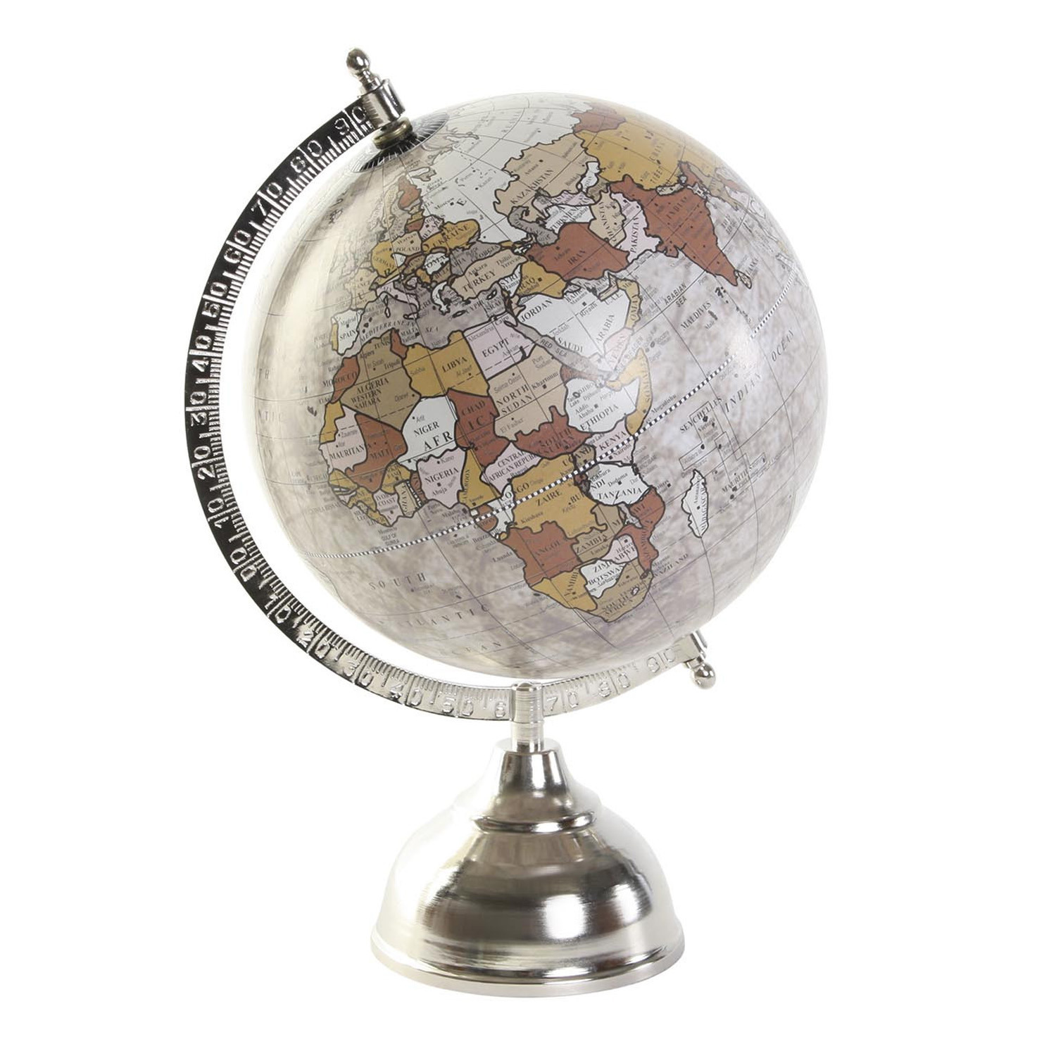 Wereldbol-globe op voet kunststof beige-zilver home decoratie artikel D20 x H30 cm