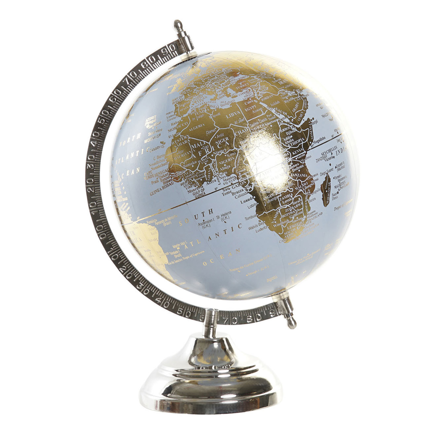 Wereldbol-globe op voet kunststof blauw-goud home decoratie artikel D20 x H30 cm