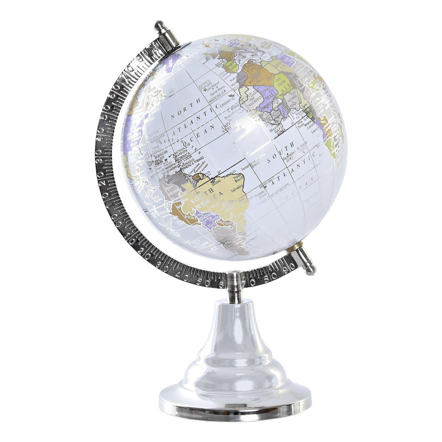 Wereldbol-globe op voet kunststof grijs-zilver home decoratie artikel D15 x H28 cm
