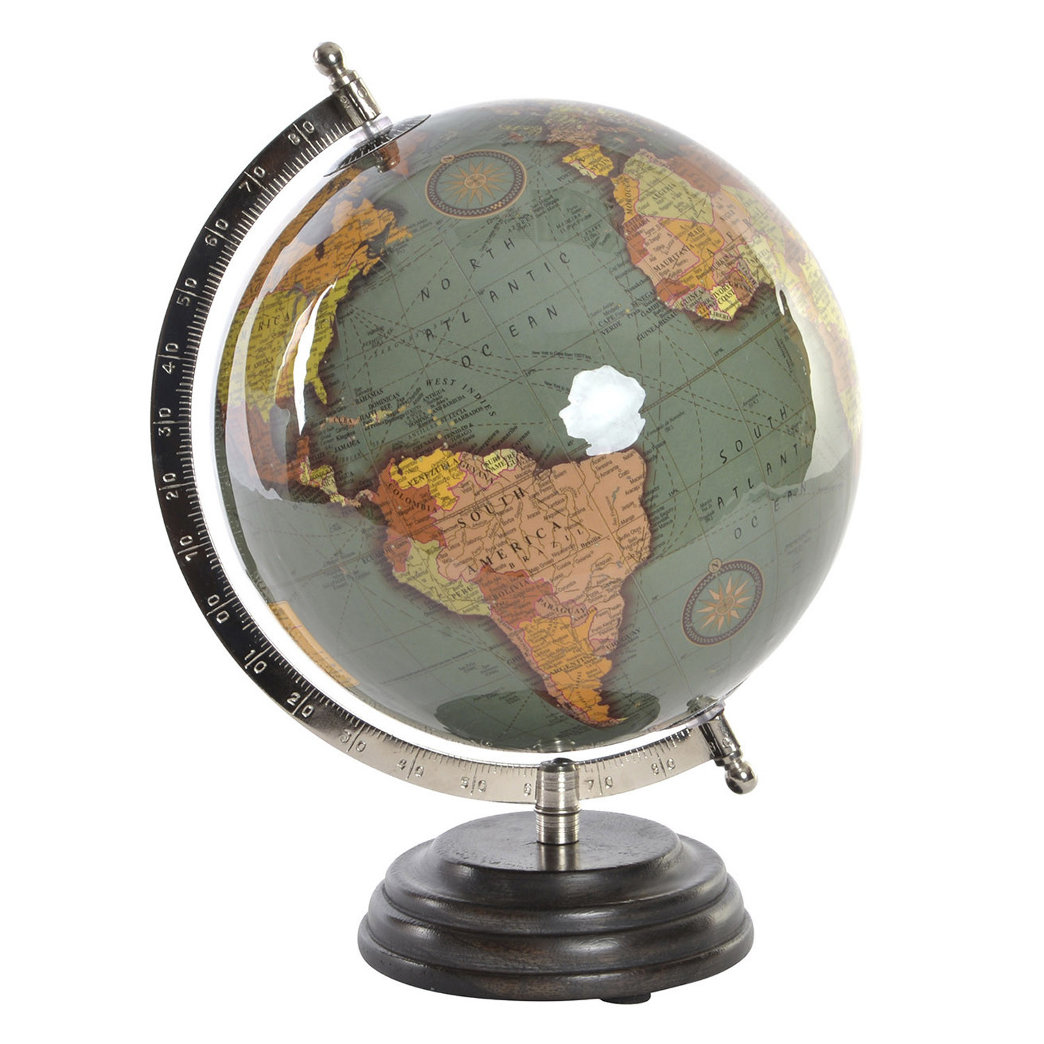 Wereldbol-globe op voet kunststof groen home decoratie artikel D20 x H28 cm