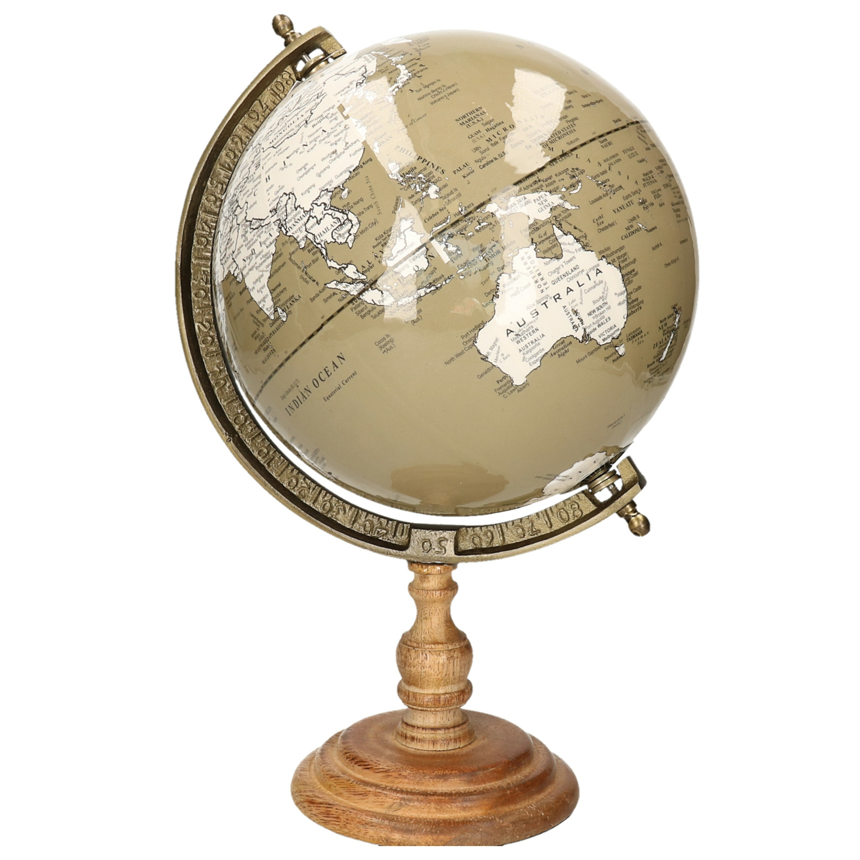 Wereldbol-globe op voet kunststof taupe home decoratie artikel D22 x H33 cm
