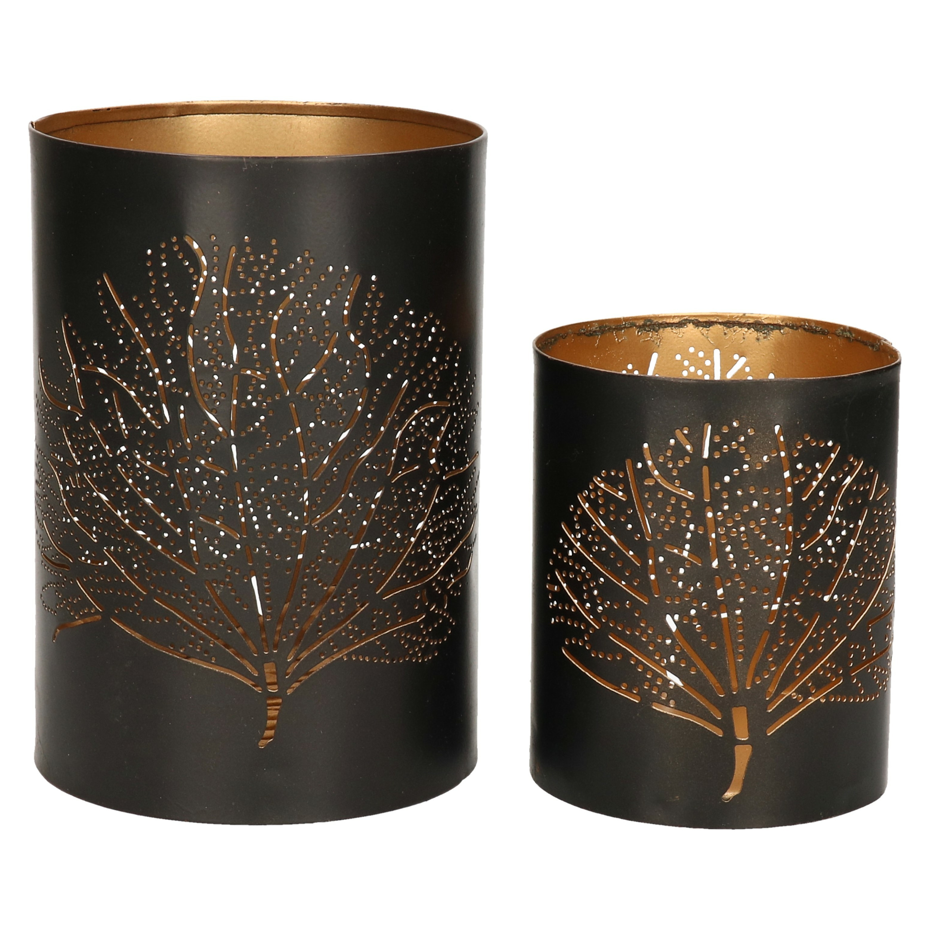 Windlichten set Bamboe 2x zwart-goud metaal 10-15 cm kaarsenhouder-theelichthouder