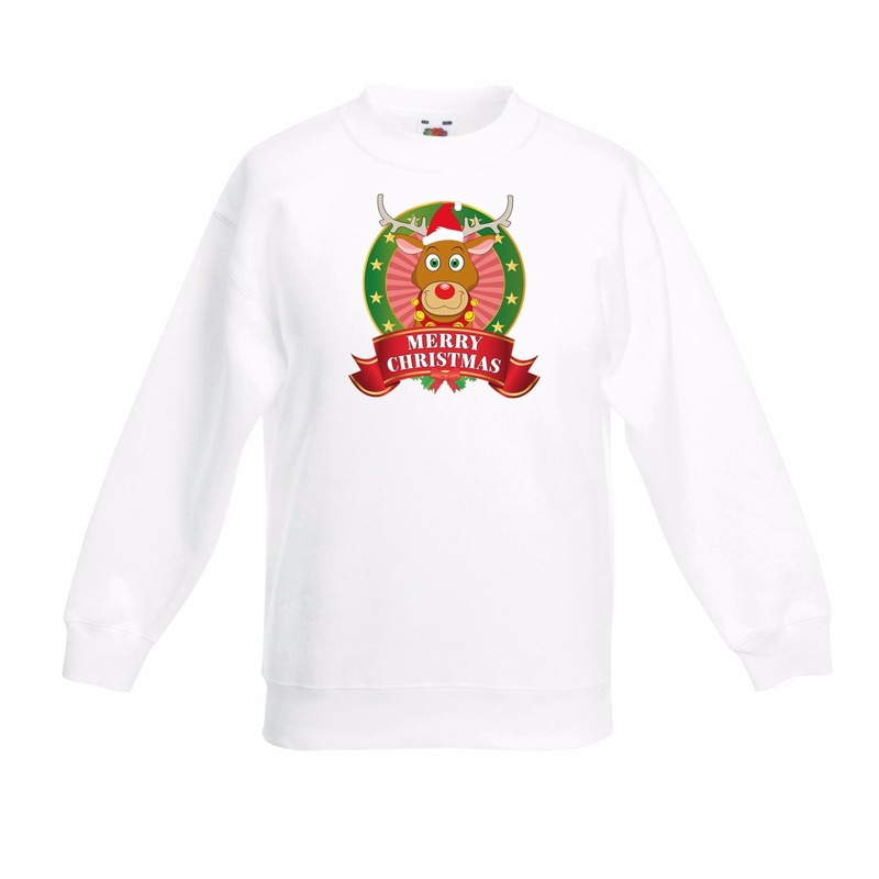 Witte Kerst sweater-Kersttrui kinderen met rendier Rudolf