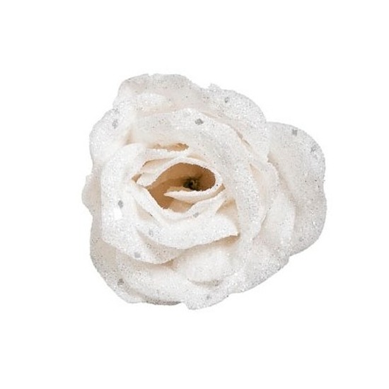 Witte rozen met glitters op clip 7 cm kerstversiering