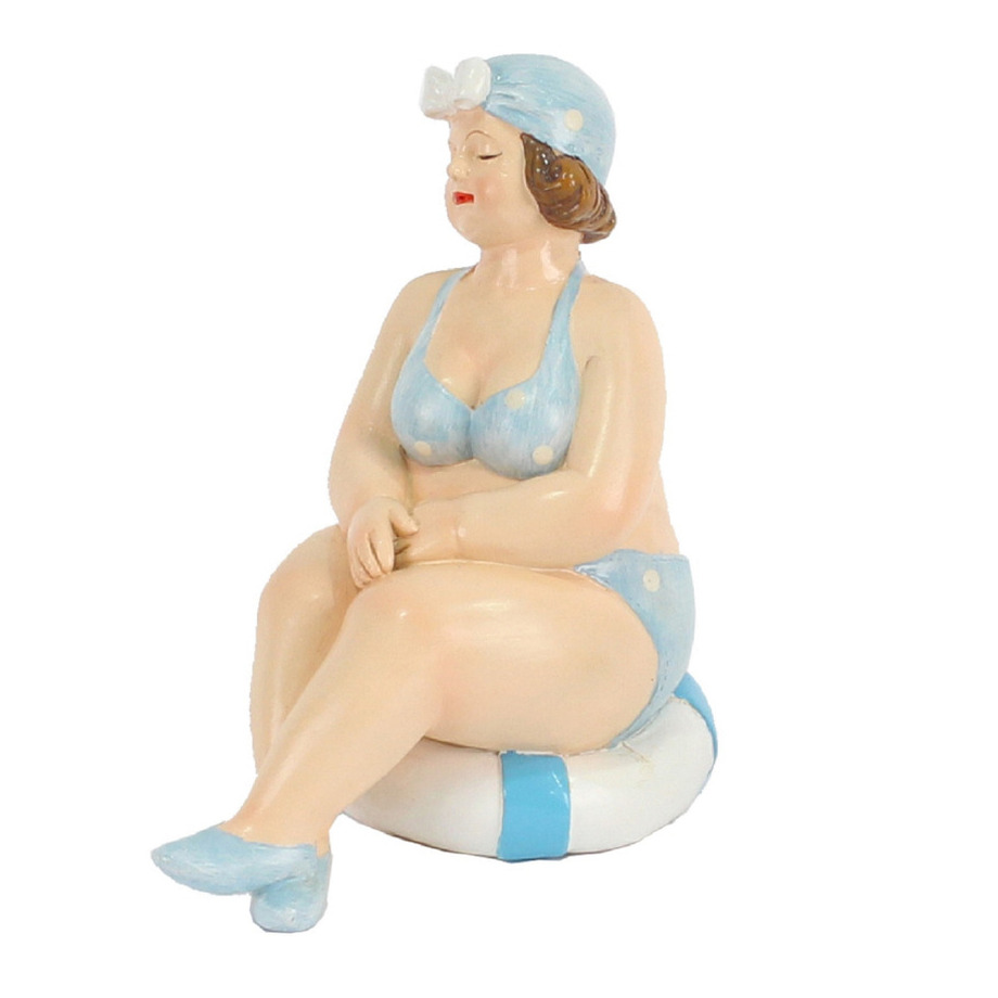 Woonkamer decoratie beeldje zittend dikke dame blauw badpak 11 cm