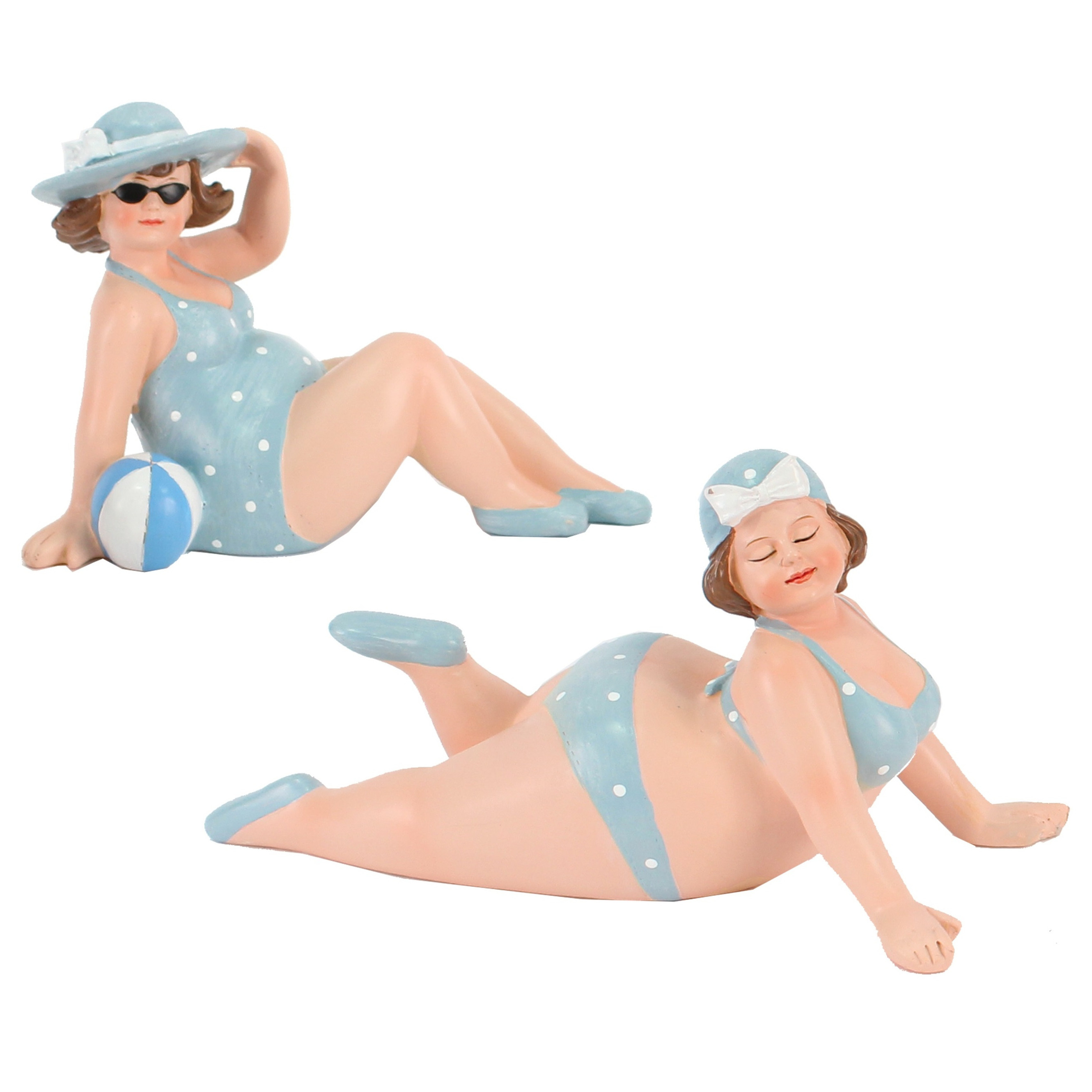 Woonkamer decoratie beeldjes set van 2 dikke dames blauw badpak 17 cm
