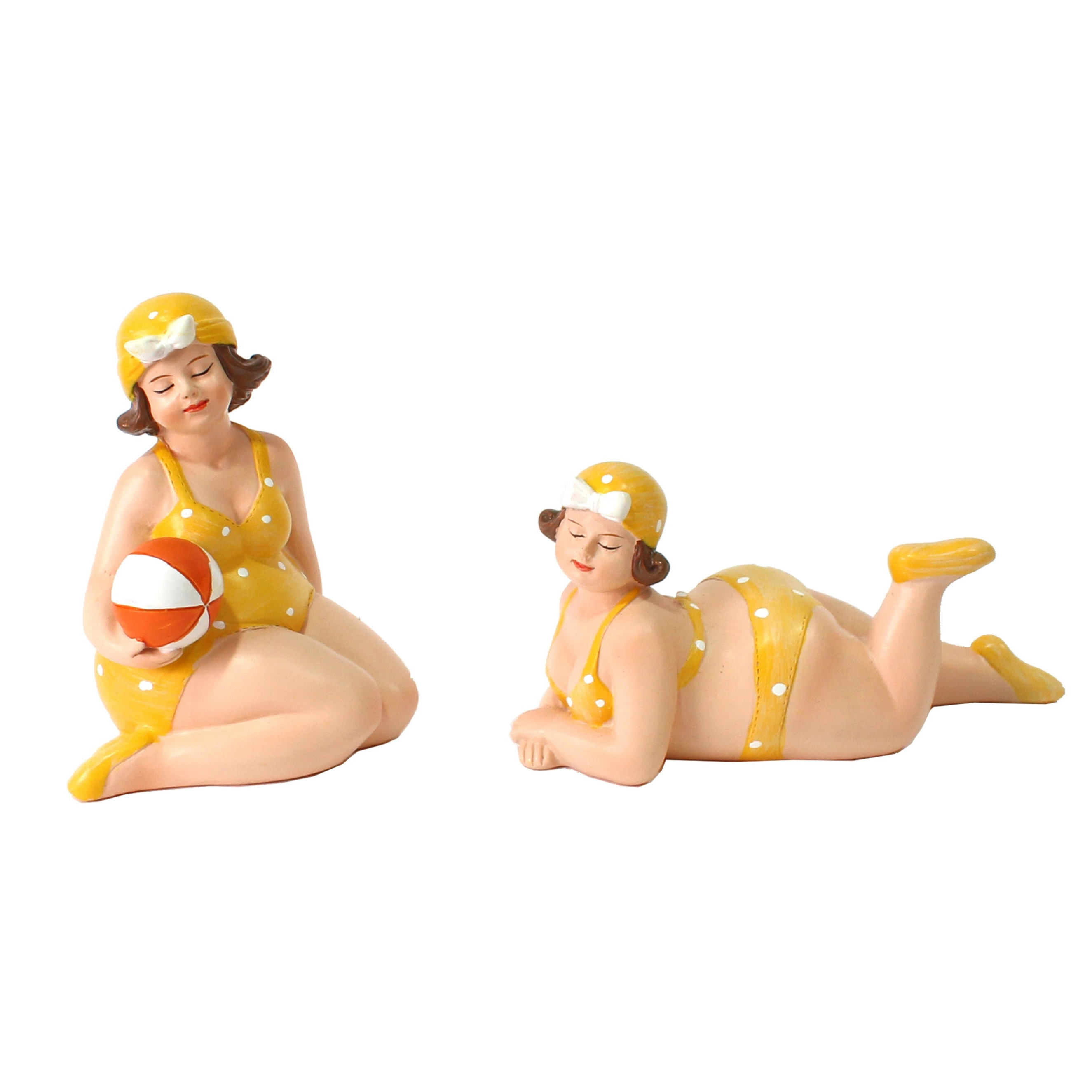 Woonkamer decoratie beeldjes set van 2 dikke dames geel badpak 11 cm