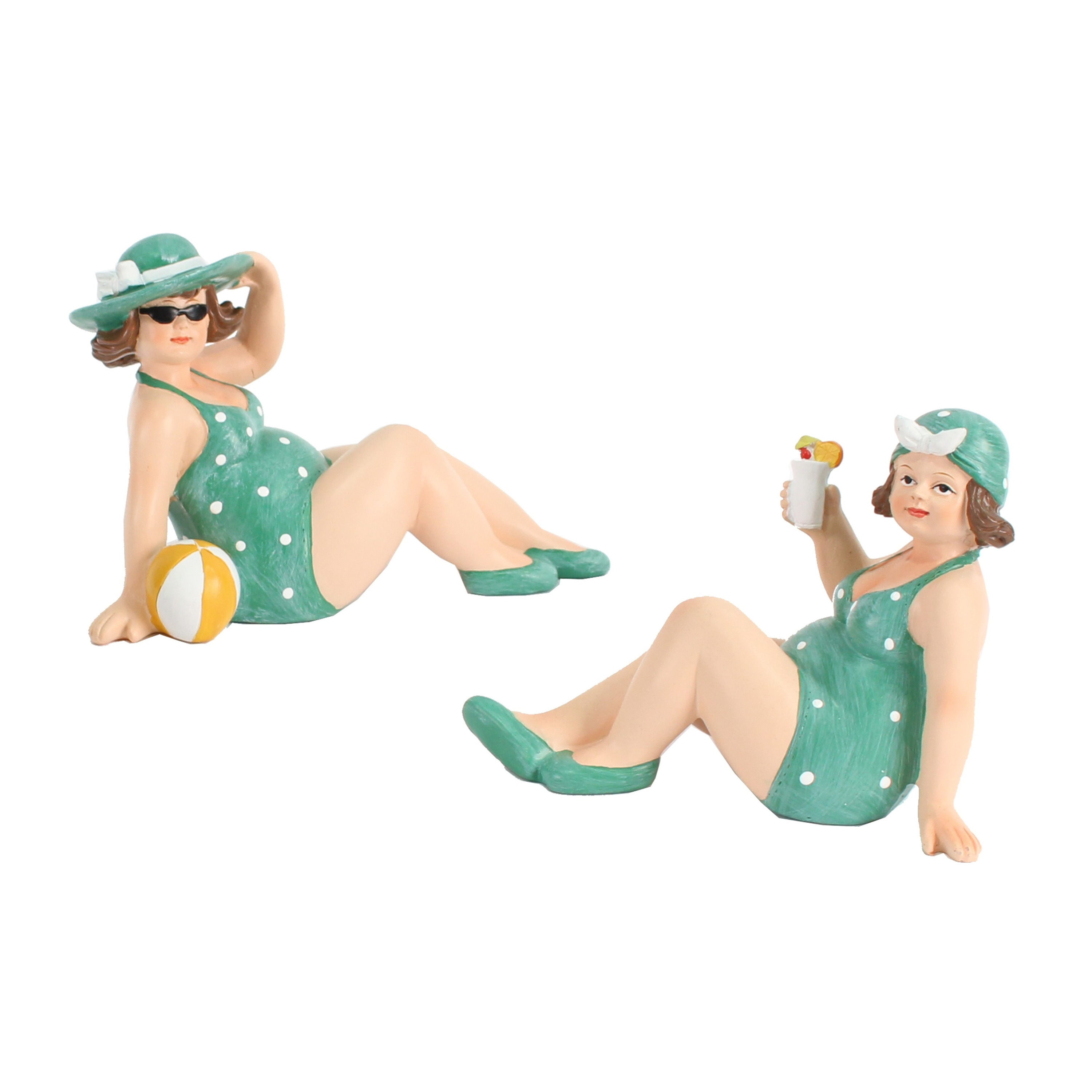 Woonkamer decoratie beeldjes set van 2 dikke dames groen badpak 17 cm