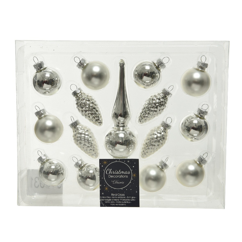 Zilveren glazen kerstballen 3 cm en piek set voor mini kerstboom 15-dlg