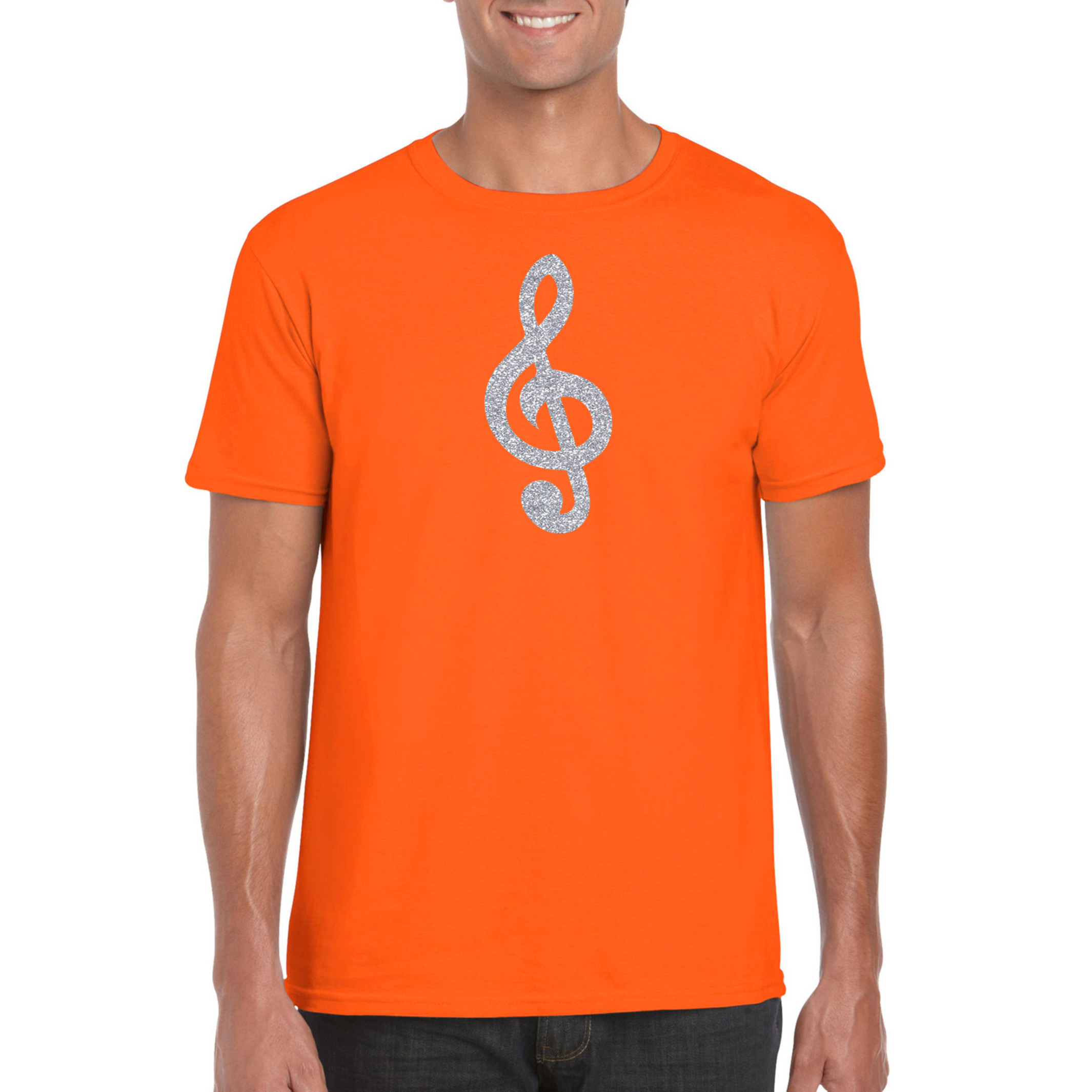 Zilveren muziek noot G-sleutel - muziek feest t-shirt - kleding oranje heren